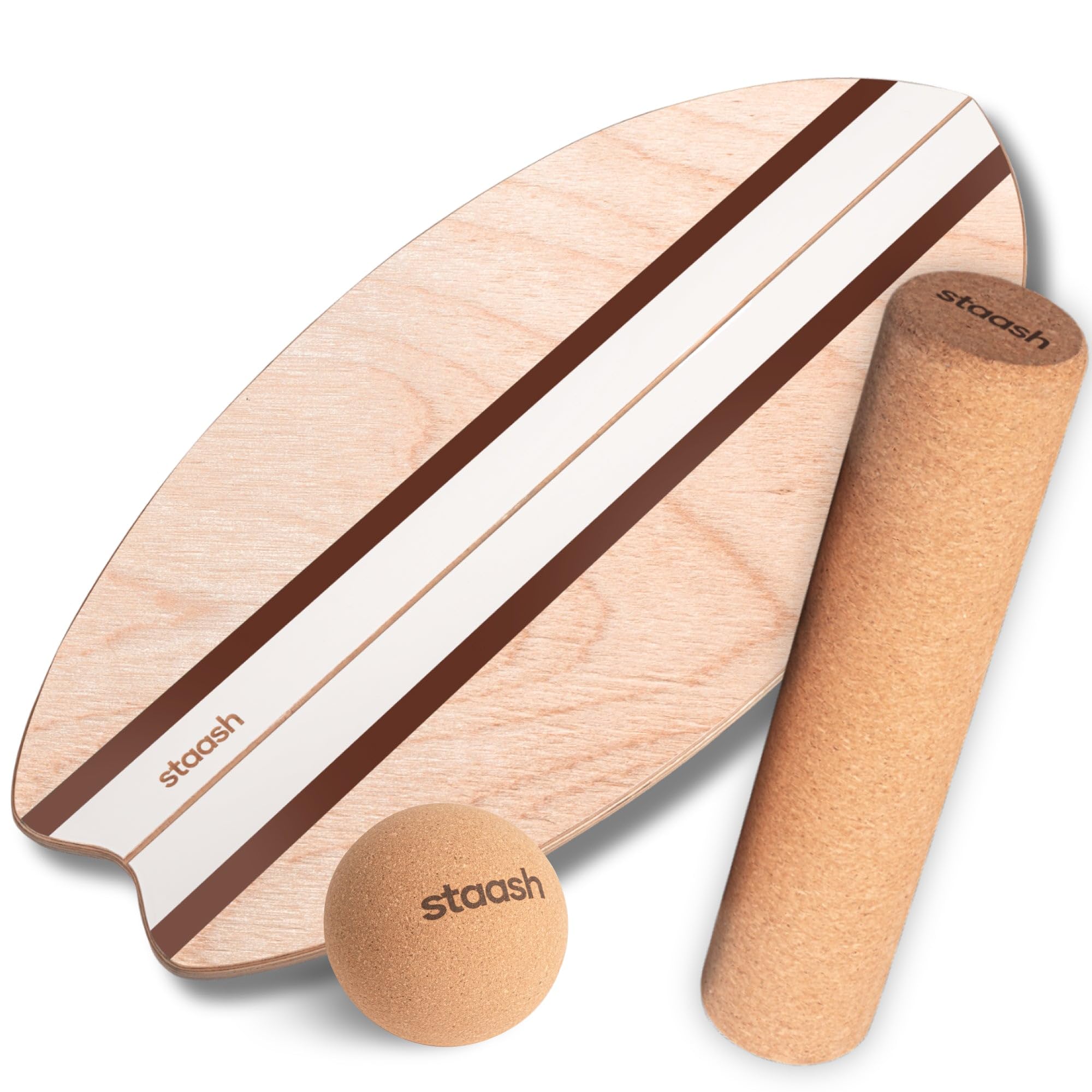 STAASH® Balance Board Holz – Pro Gleichgewichtstrainer inkl. Korkrolle & Korkball + Videokurs – Indoor-Surfen, Balance- & Stabilitätstraining, Fitness, Yoga