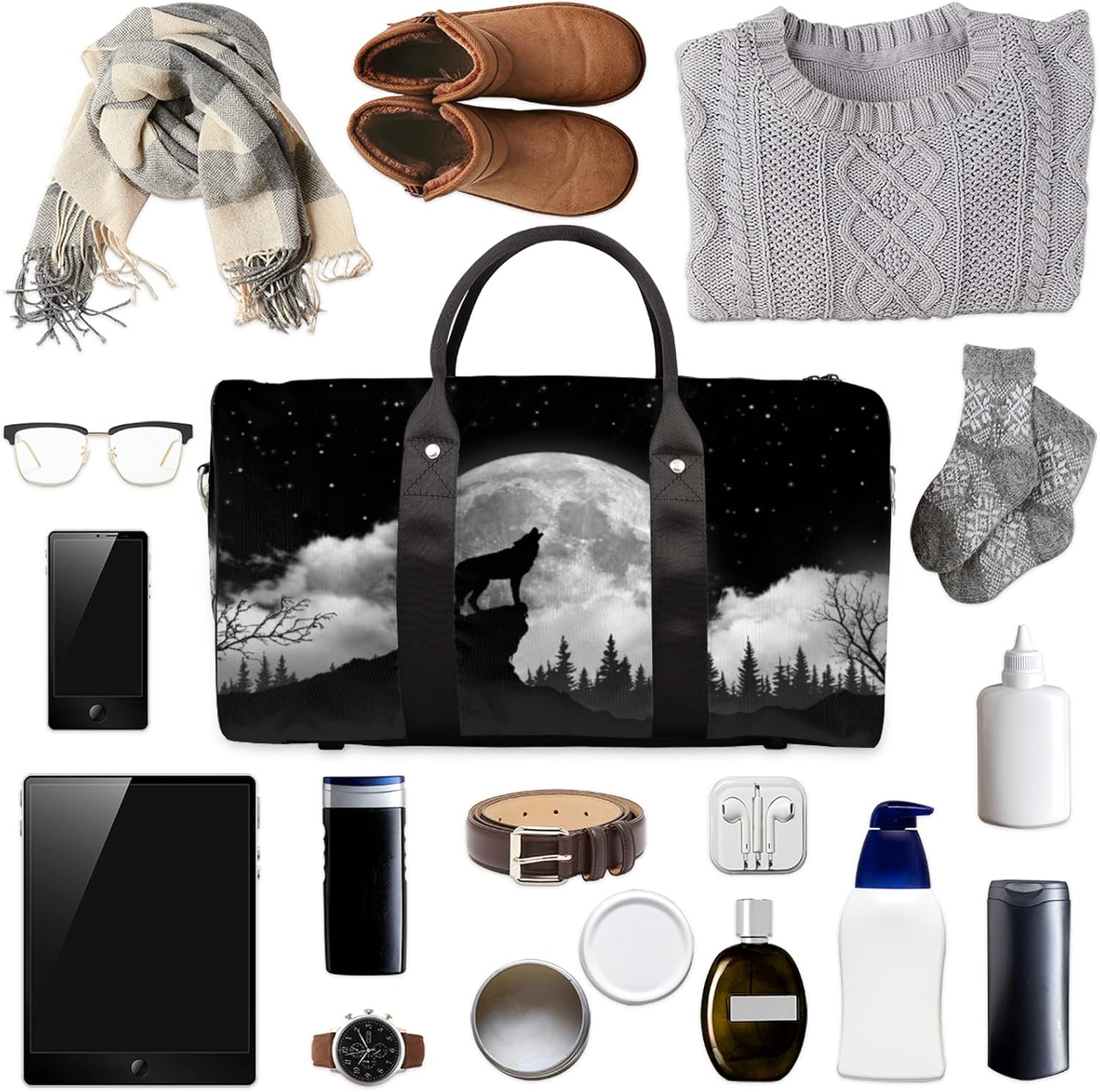 Travel Duffel Bag Wolf Moon Tree Theme Sport Tote Gym Bag Waterproof Foldable Carryon Weekend Overnight Training Handbag Sports Duffle Bags for Women Men Boys Girls