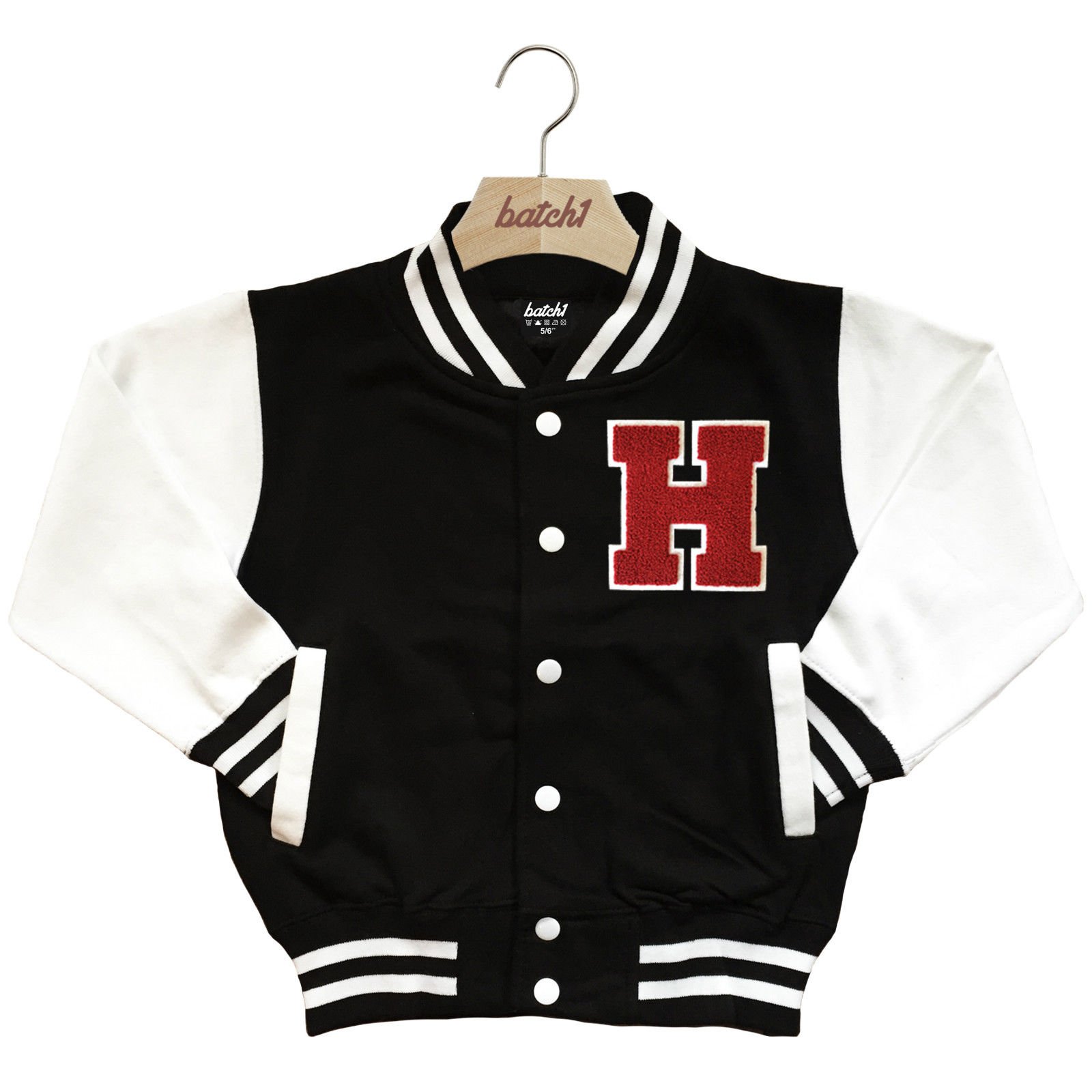 Batch1 Kids Varsity Baseball Jacket Personalised With Genuine Us College Letter H (12-13 Years, Black)