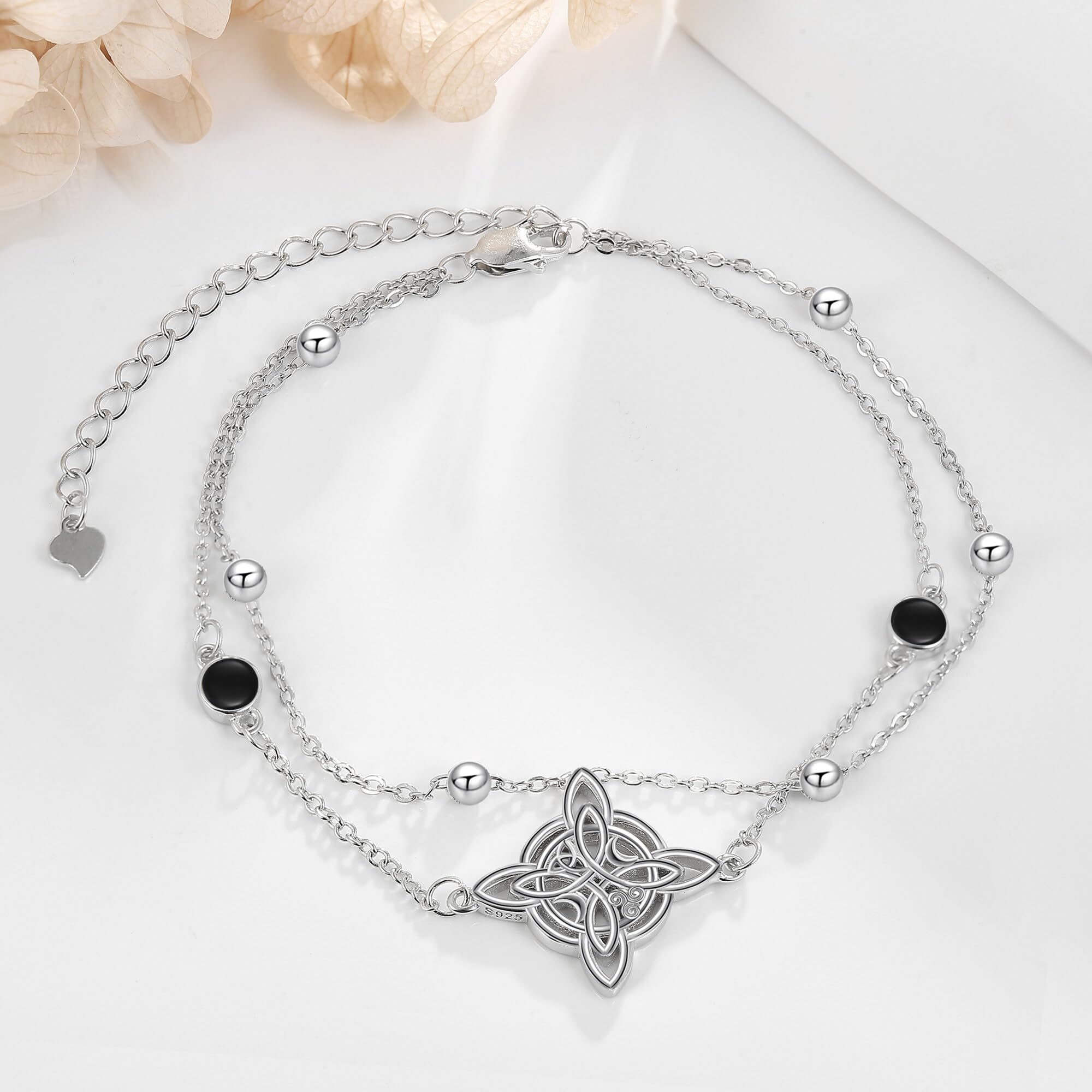 URONE Bracciale con nodo di strega in argento Sterling 925 con onice nero, nodo celtico, multistrato, idea regalo per donna