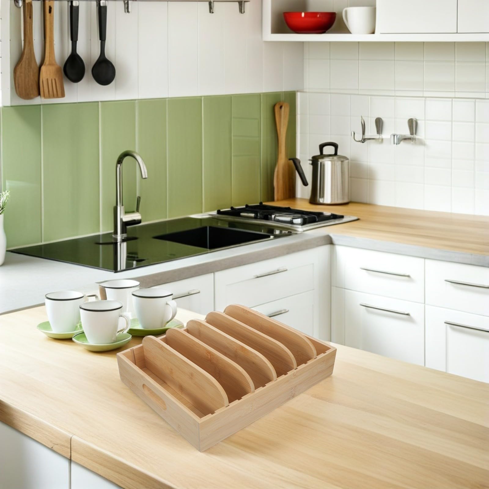VICASKY Organizer con Grande Capacità in Bambù con 5 Divisori Regolabili per Coperchi e 6 Scomparti, Contenitore e Maniglie Ergonomiche per Cucina per Cassetti della Dispensa