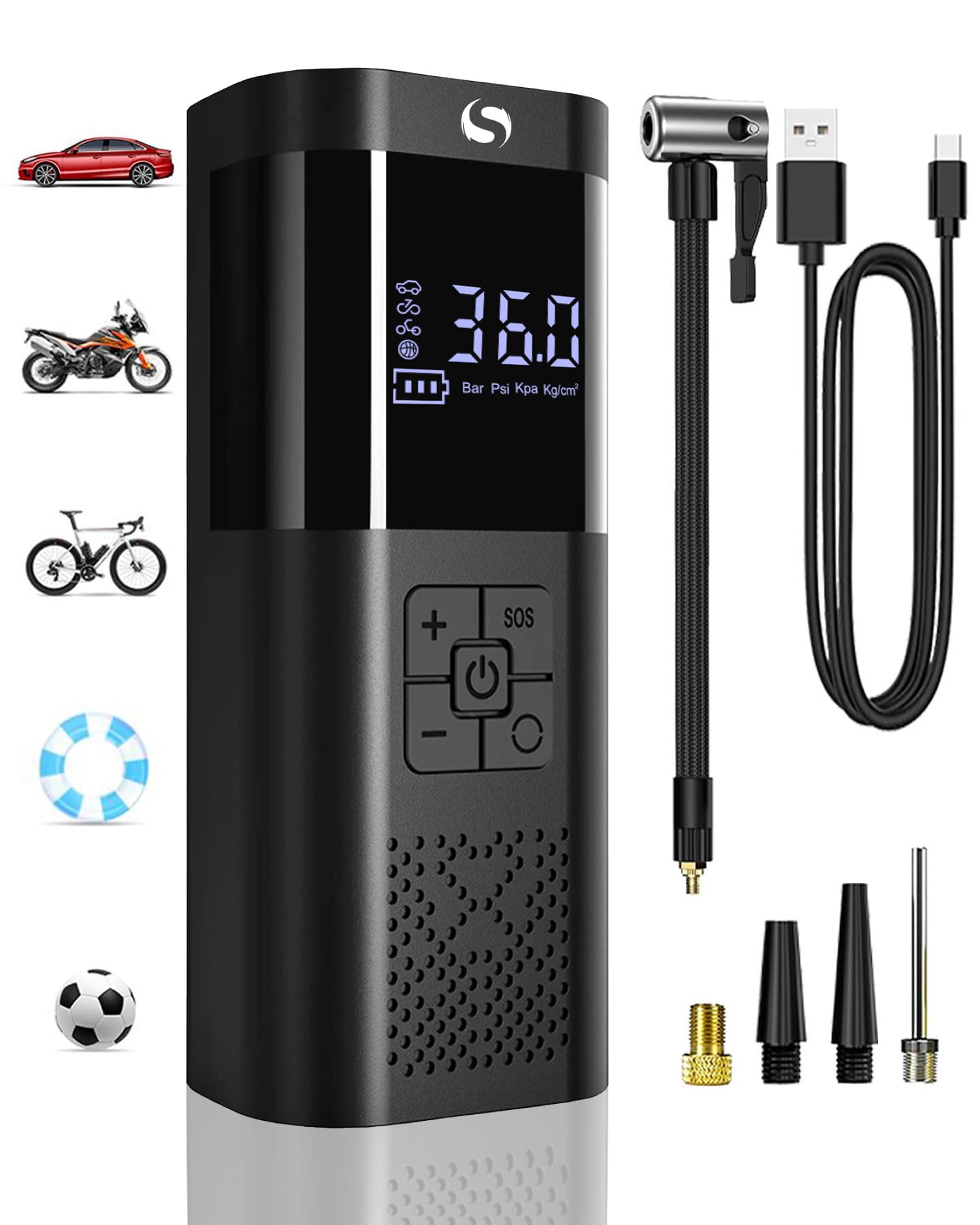 Compresor Aire Portatil, Inflador Ruedas Coche, Mini Compresor Aire Coche con Manómetro, 150PSI Inflador Electrico, Accesorios Coche, con Luz LED para Coche Moto Bicicleta Bola