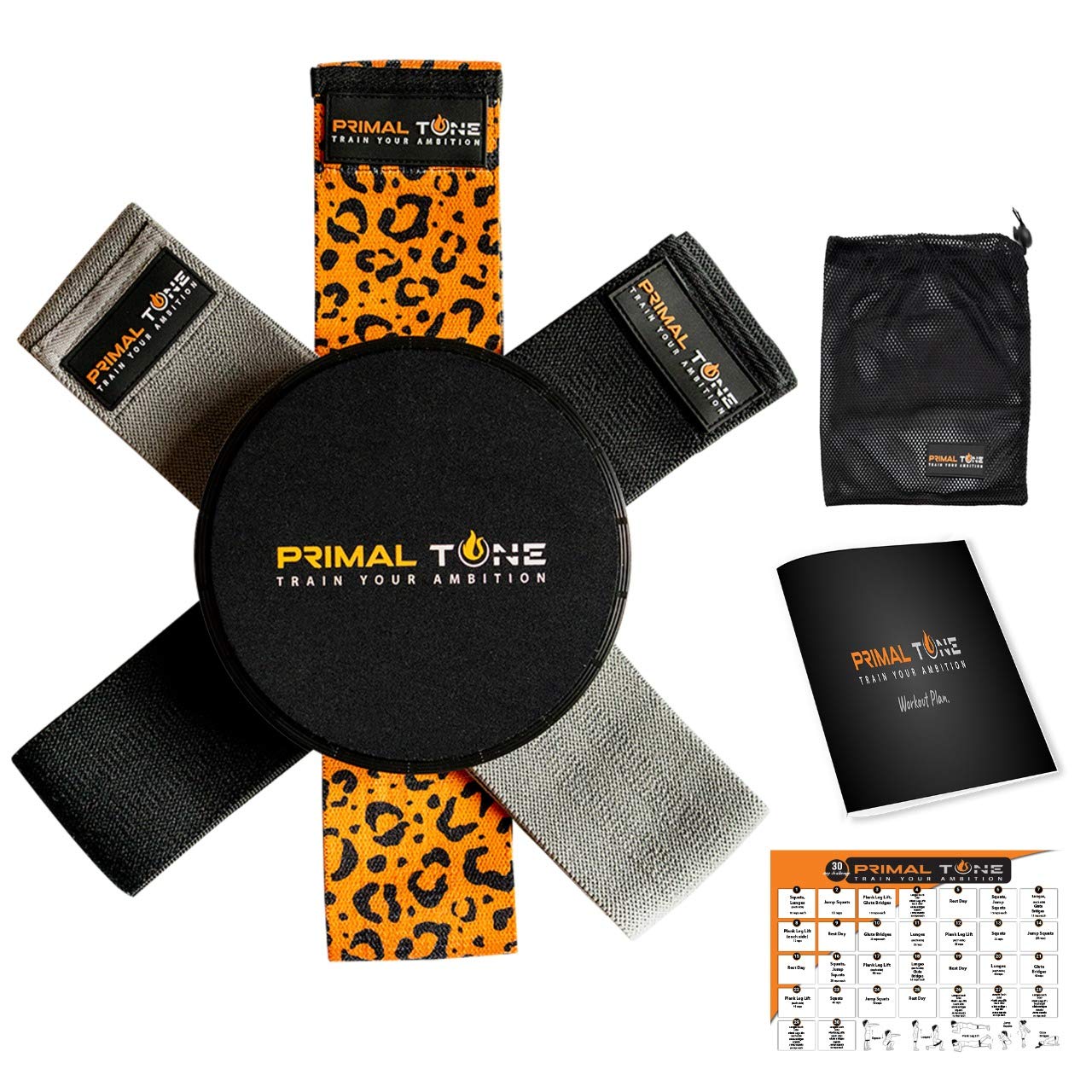 Primal Tone, Glute Band,Set of 3, Booty Band, Home Workout, Strength Training, Hip Circle Loop Bands, Non Slip, Skin Friendly. Includes Carry Bag & Gym Core Sliders. Great for Yoga & Pilates.