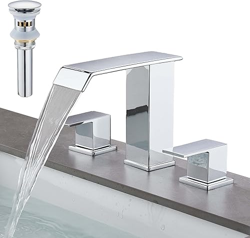 Grifo de lavabo de baño de 2 manijas de 8 pulgadas, grifo de tocador de latón de 3 agujeros con líneas de suministro de agua cUPC y montaje de