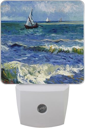 WIHVE Paquete de 2 luces LED de noche enchufables con sensor inteligente del atardecer al amanecer, pintura Monet, velero, lámpara de noche para