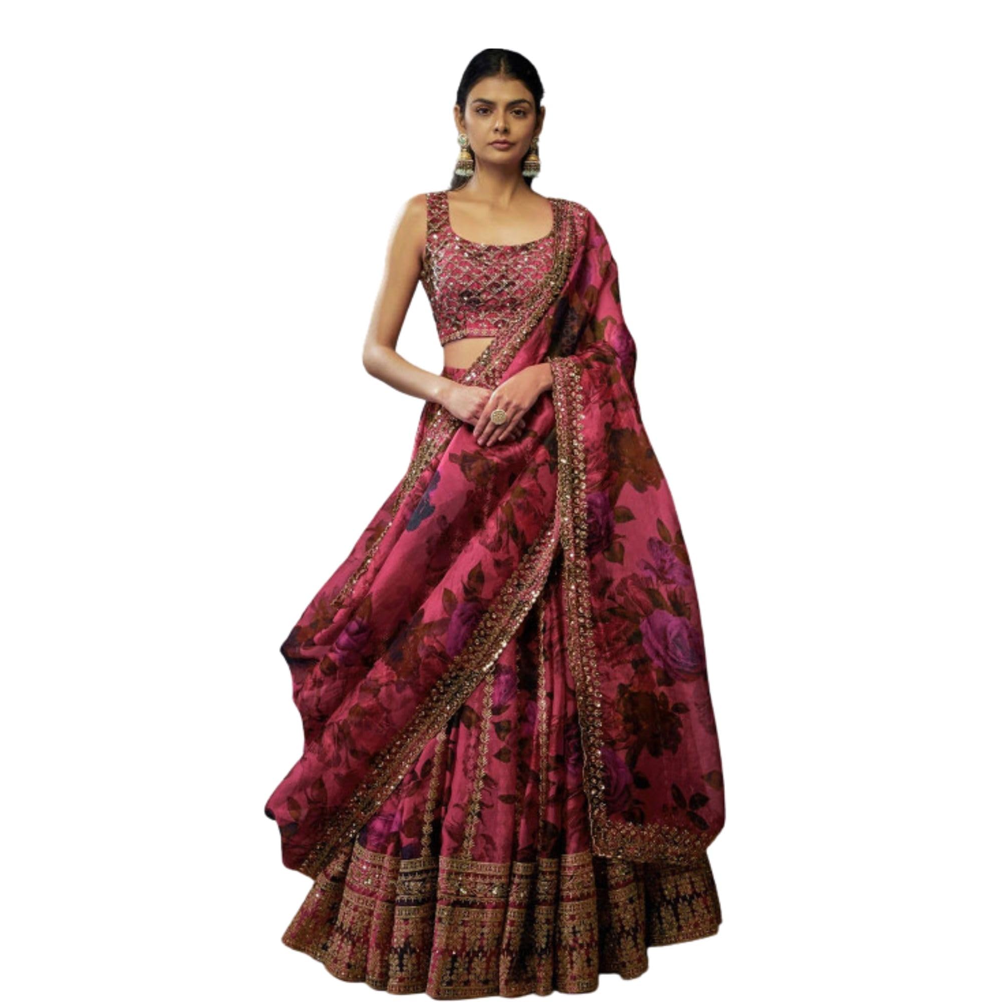 piludi Women's Pink Floral Printed Unstitched Lehenga Choli with Embroidered Blouse and Dupatta-picture-21