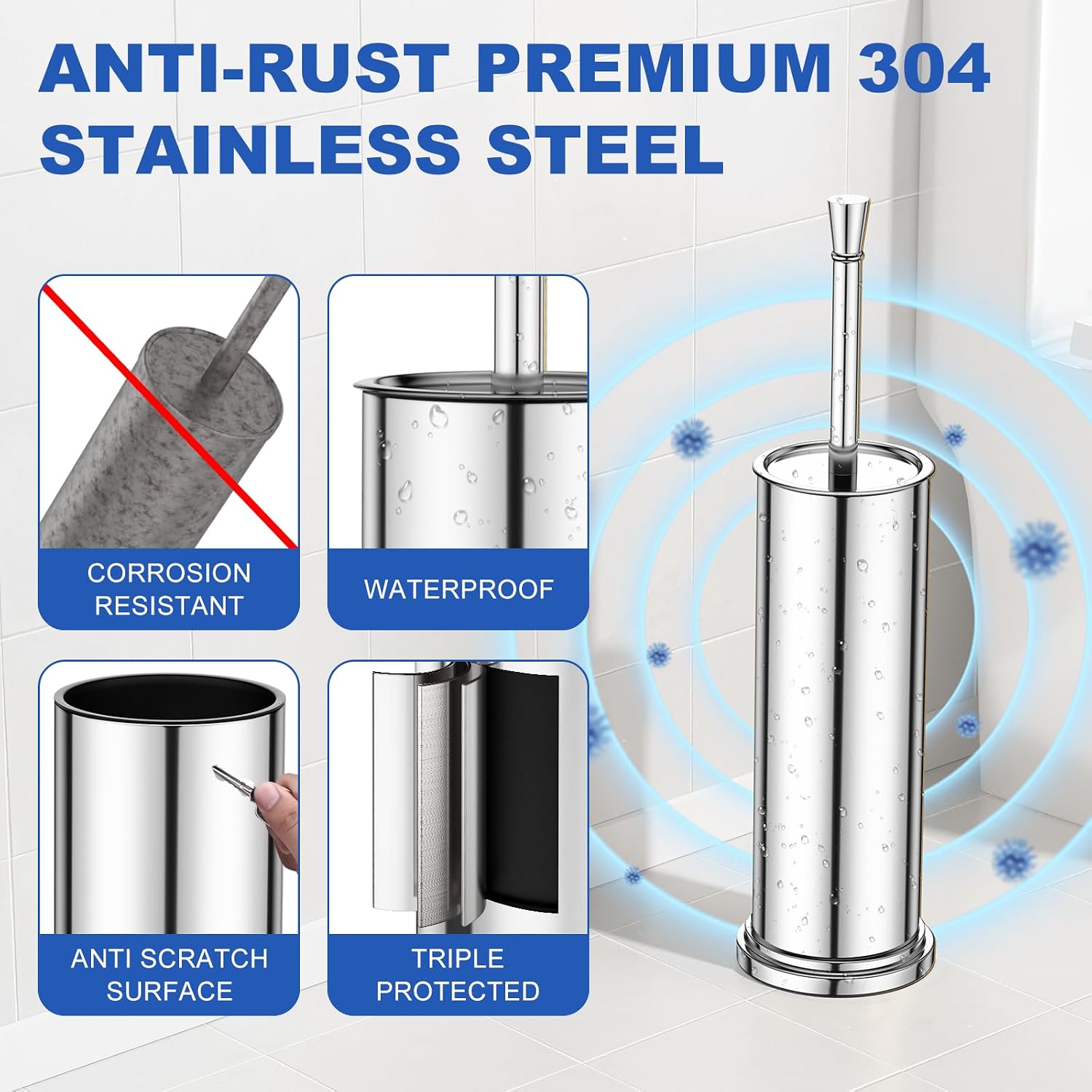 Toilet Brush and Holder Set：304 Stainless Steel Heavy Duty Toilet Bowl Brush，Removable Inner Bowl and Splash Protection，Bathroom Toilet Brush-Dense Bristles for Through Cleaning image 2