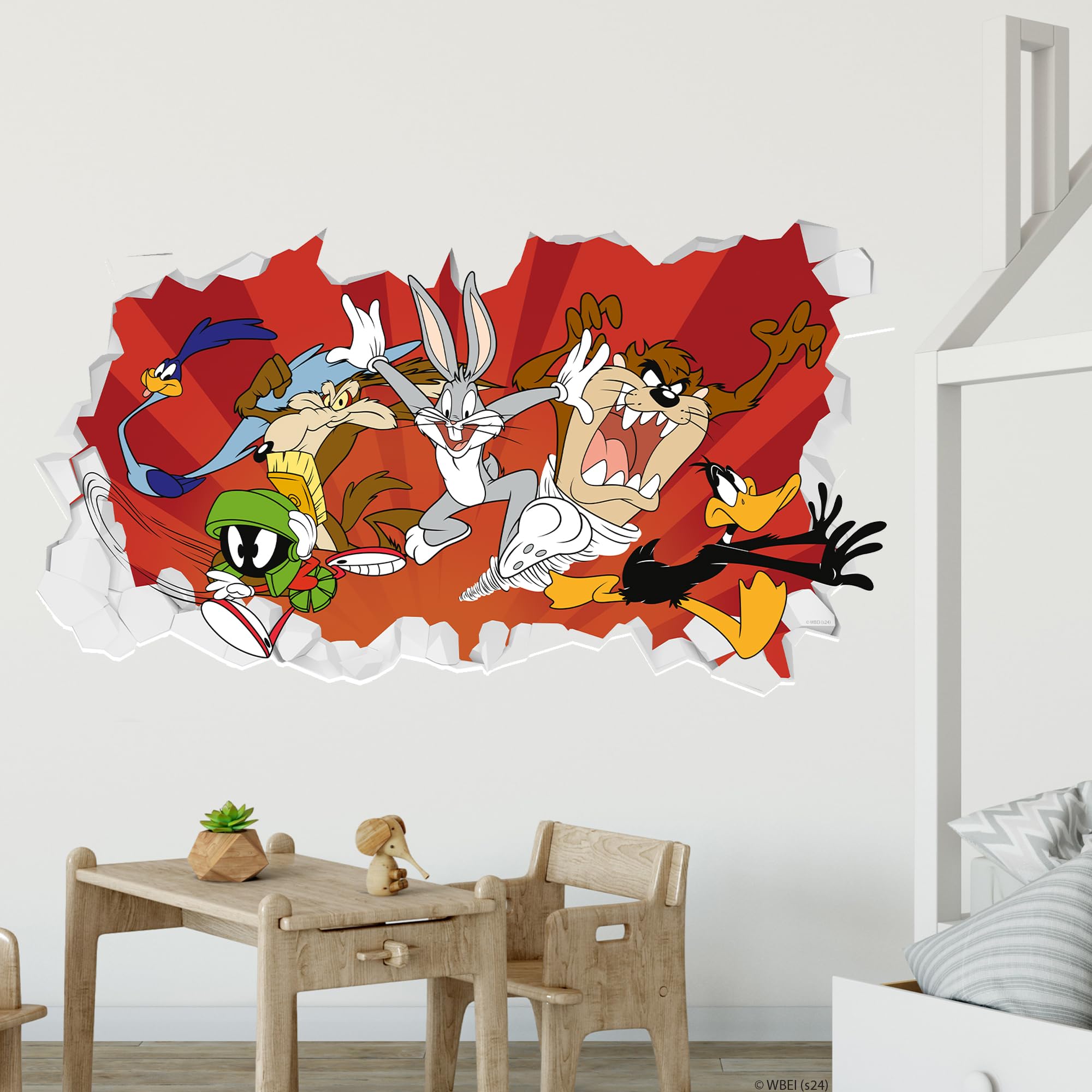 Themed Blue Looney Tunes Wall Sticker - Group Jumping Out Of Broken Wall Decal Art (60Cm Width X 35Cm Height)
