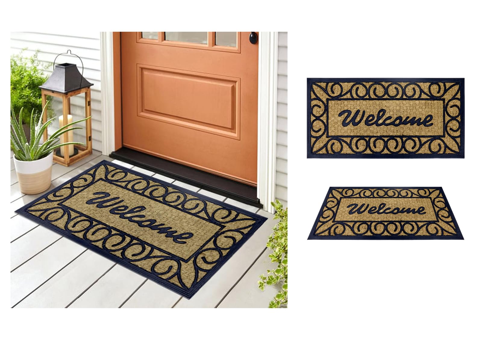 A.Unique Home 8mm Natural Coir Doormat with Printed Pattern 40cm x 80cm | Non-Slip Rubber Backed (Welcome Border)