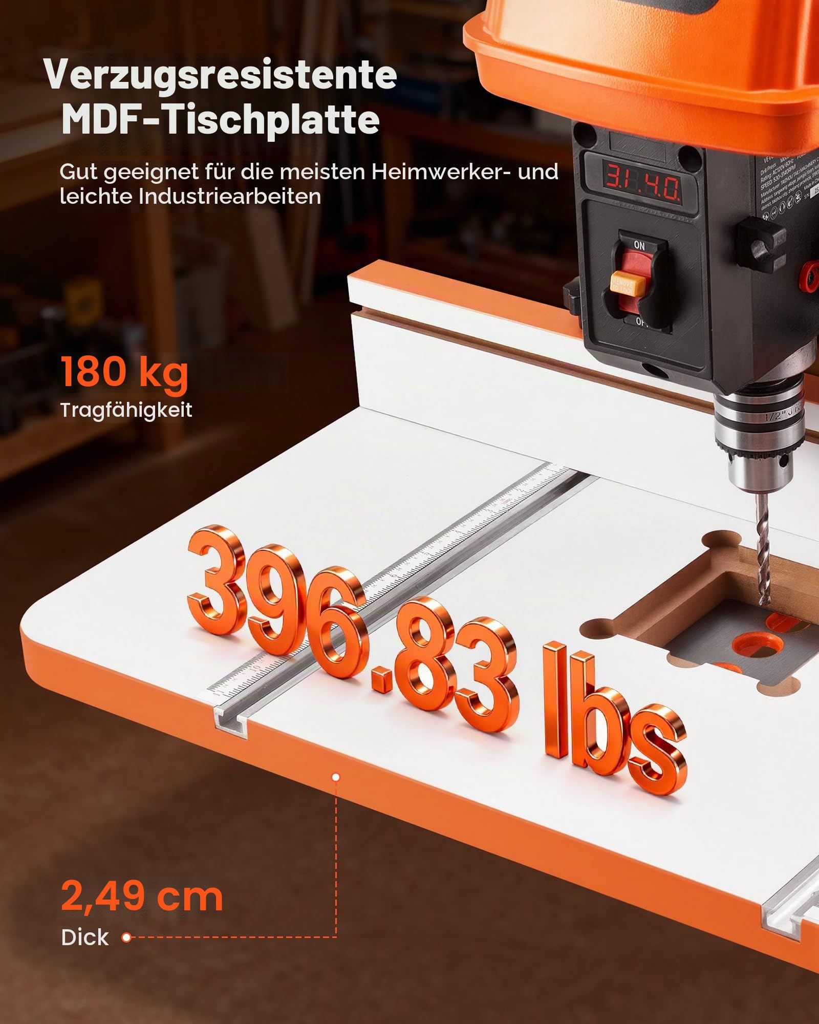 VEVOR Tisch für Säulenbohrmaschine, Bohrtisch 600 x 298 mm, mit verstellbarem Anschlag & Anschlagblock, T-Nuten, MDF-Tischplatte, Skala, Unterstützung für mehrere Klemmen & Schraubstöcke