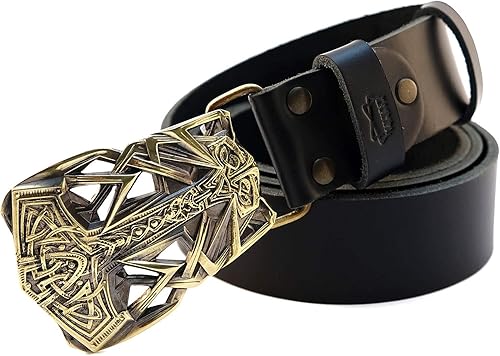 Miniatura 5 de Leather belt with buckle Thor's Hammer, Scandinavian Old Norse Viking Mjolnir solid brass belt buckle on belt