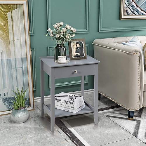 Miniatura 4 de COSTWAY Mesita de noche Mesa de almacenamiento Pantalla de almacenamiento Muebles de dormitorio Estante de cajón al lado de gris