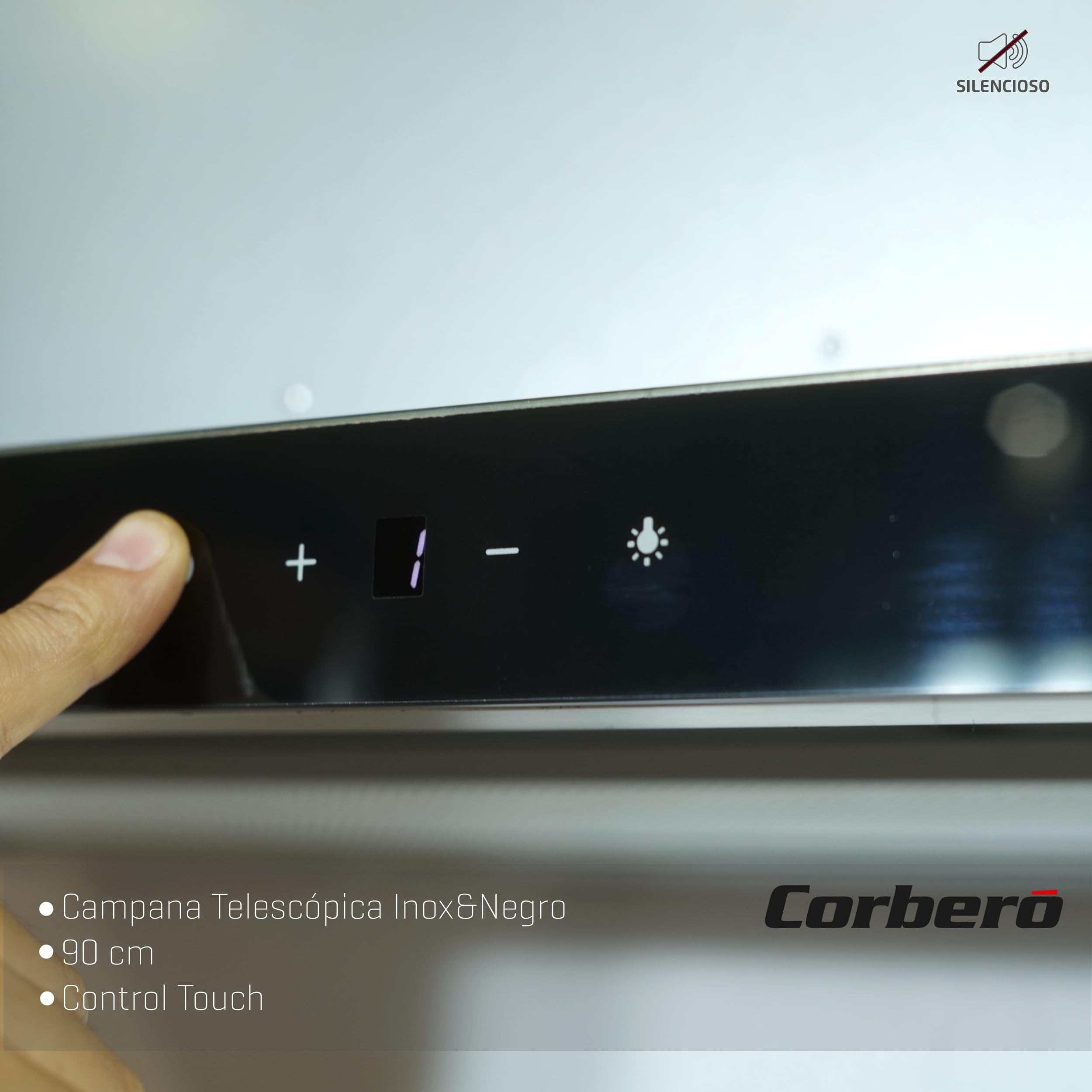 Corberó ANETO960X Cappa Telescopica Inox&Nero, 90 cm, Portata 600 m3/h, Potenza 165 W, 3 velocità, Filtro alluminio 3 strati, Filtro Carbon, Efficienza Energetica A