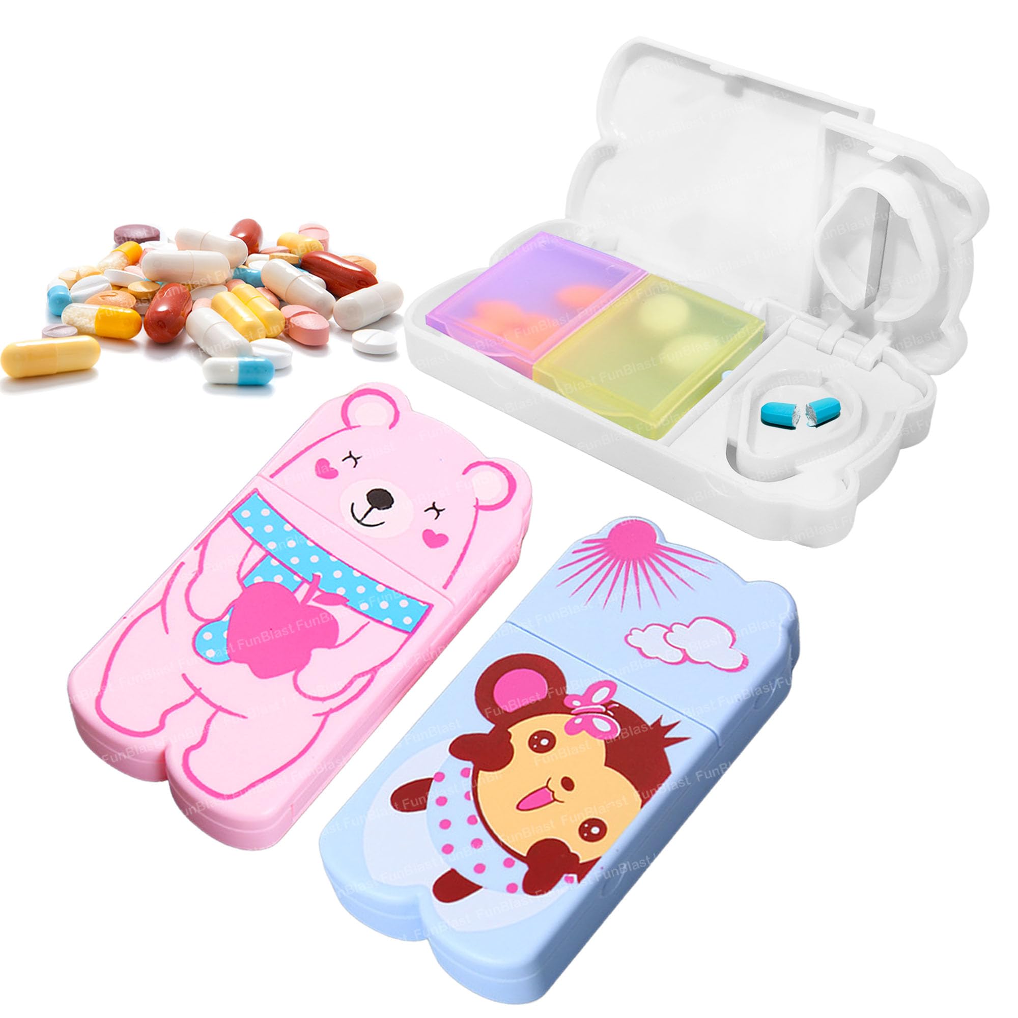 FunBlast Pill Organizer Box – Set of 3 Pcs Cute Medicine Box Holder, 2 in 1 Pill Case with Cutter, Tablet Container for Daily, Portable Medicine Organizer, Pill Case with 2 Separate Compartments Box (Rabbit+Monkey+Bear)-image-10