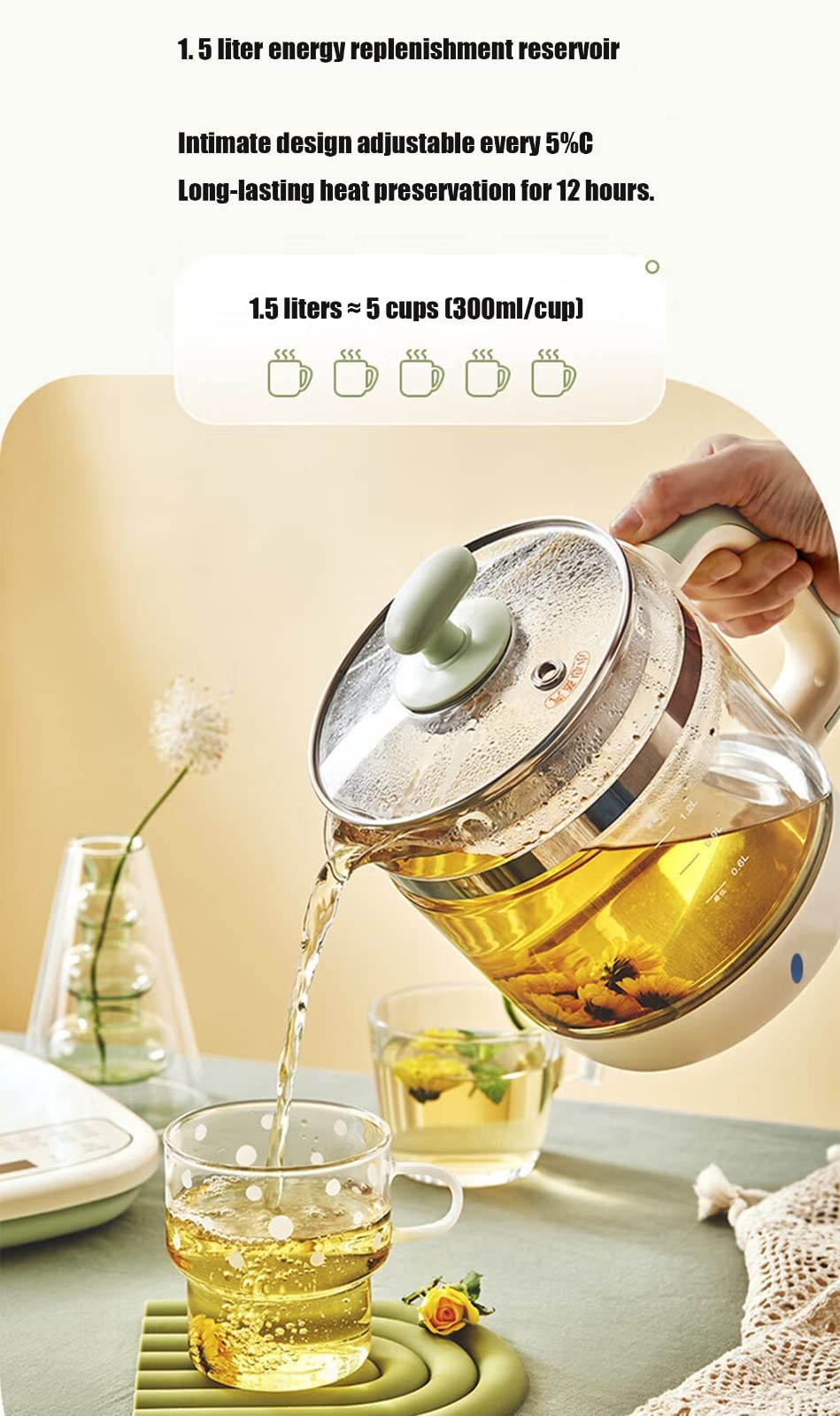 hervidor de cristal, Tetera eléctrica de vidrio engrosado completamente automática, tetera con control temperatura, multifunción 1,5 LA, L