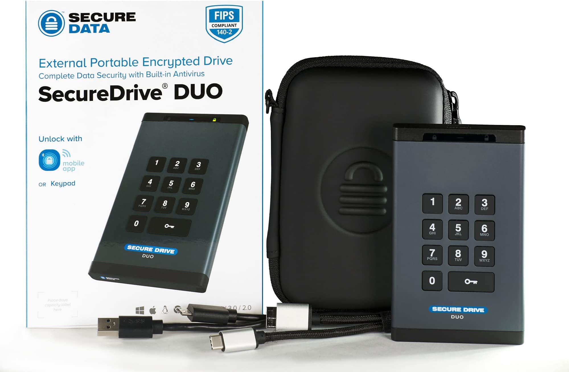 SecureData SecureDrive Duo 5TB Hardware Encrypted USB 3.0 Ext Drive FIPS 140-2 Level 3 Unlock via KeyPad or Phone app TAA Compliant, CJIS, HIPAA, CMMC, GDPR Compliant, Works with Mac and Win Free AV