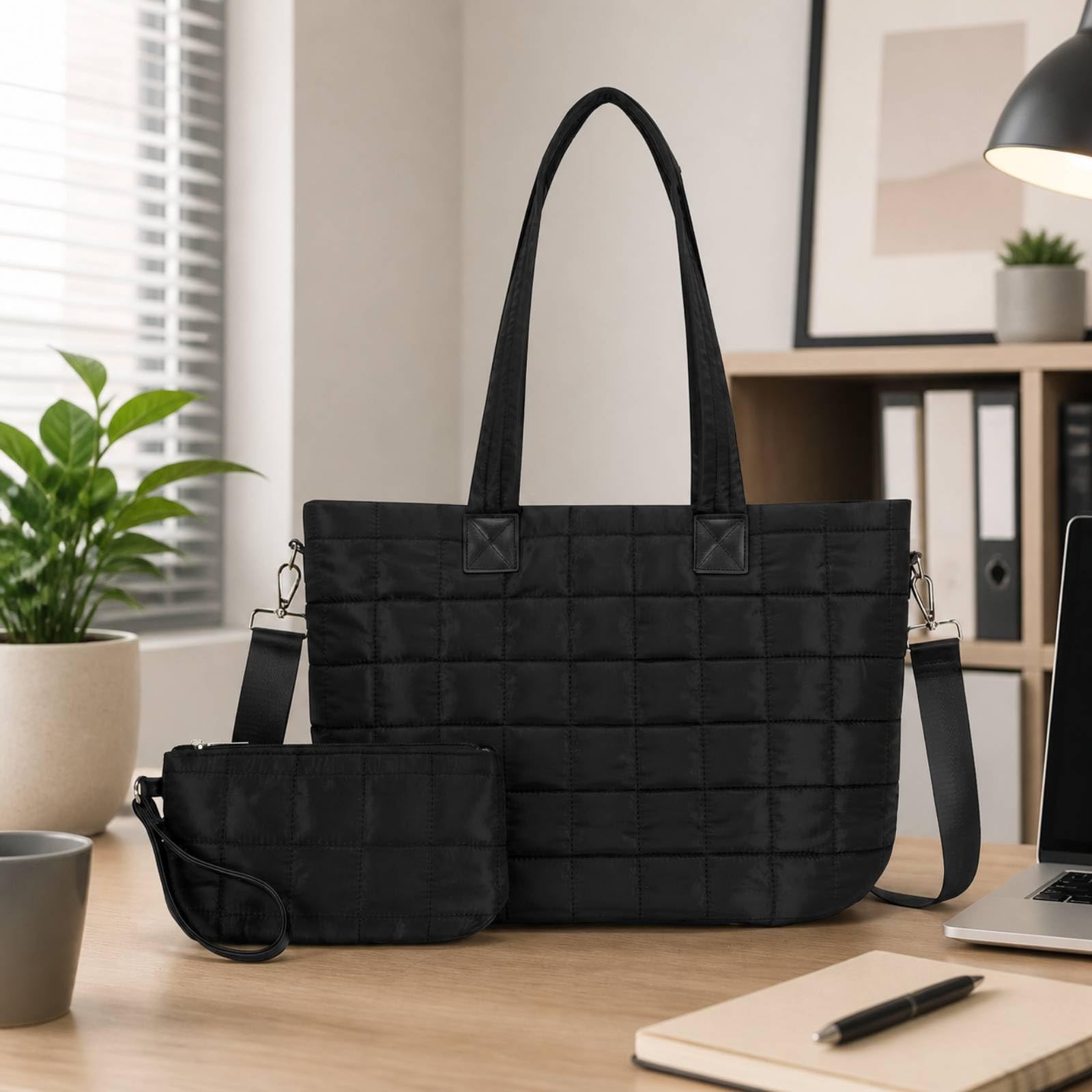 Amagogo Bolso Acolchado de Mujer Bolsa Tote Bolso de Hombro Cartera Bandolera con Estuche Asa Larga Compartimento para Portátil Bolsillos Antiderrames