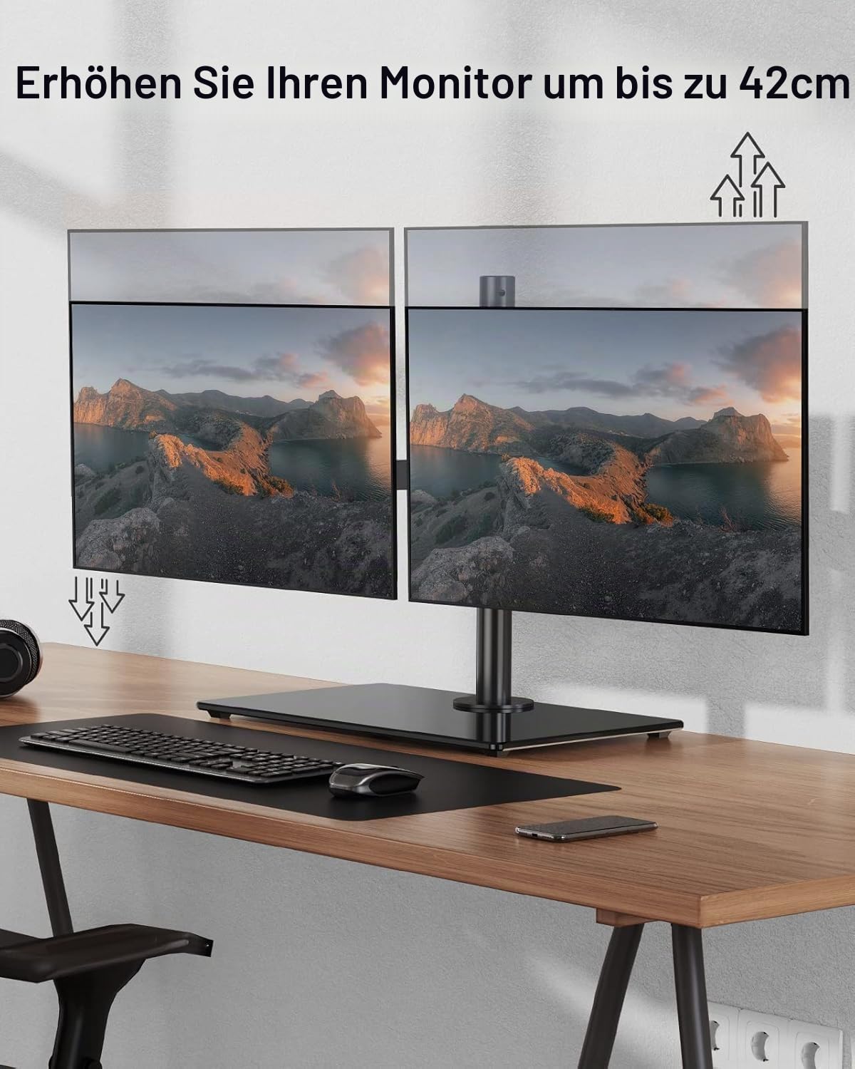 ErGear Monitor Halterung 2 Monitore für 13-32 Zoll Bildschirm, Bildschirmhalterung 2 Monitore mit Freistehender Sockel, Schwenkung 180° Drehung 360° VESA 75/100mm, 8KG pro Arm Gaming