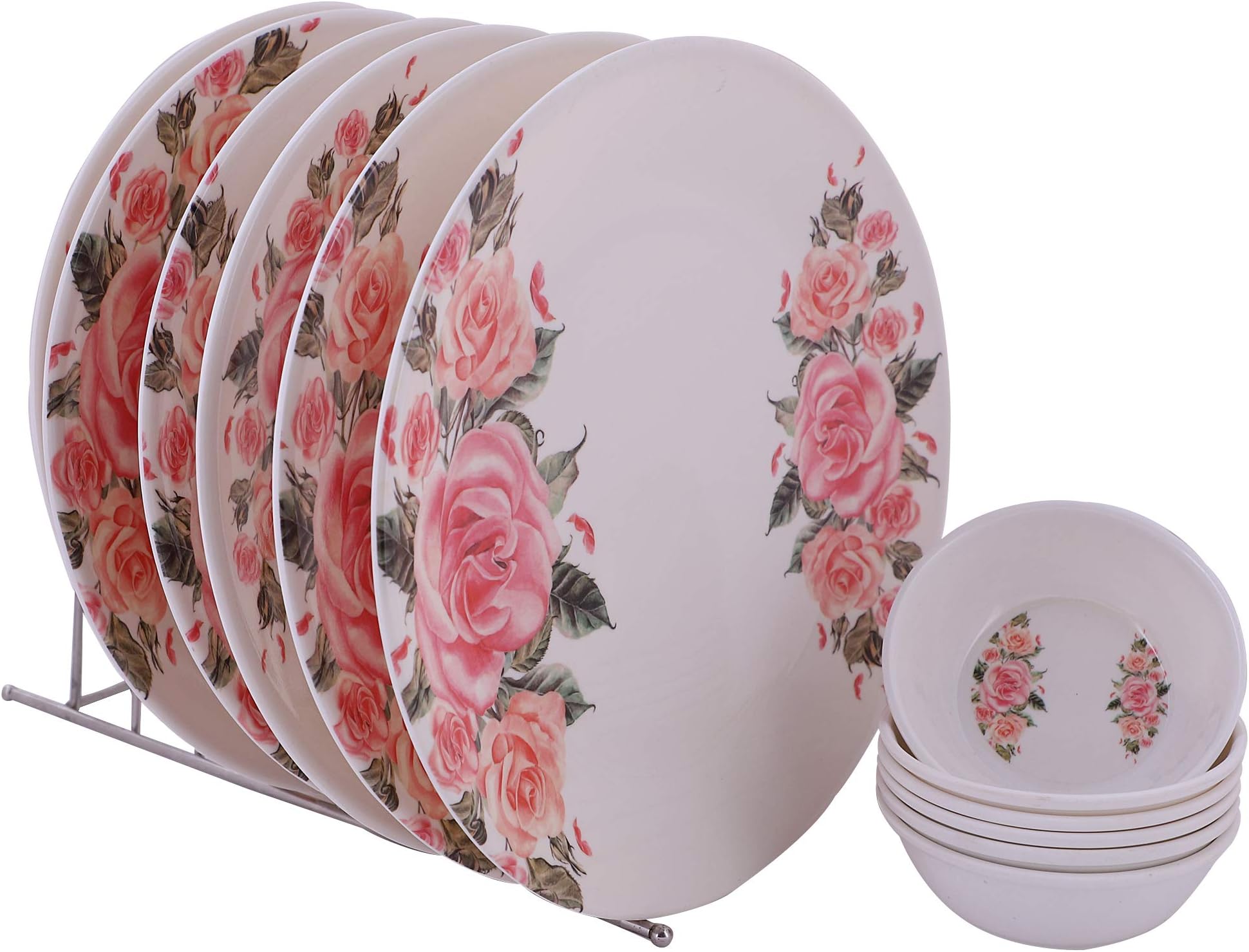 Golden Fish Unbreakable Round Rose Print Full Dinner Plates (Set of 6 Plates & 6 Bowls)