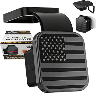 TrkWyze Car Wash Safe Aluminum American Flag Hitch Cover - Rust-Resistant UV-Protected 2" Trailer Hitch Plug Black