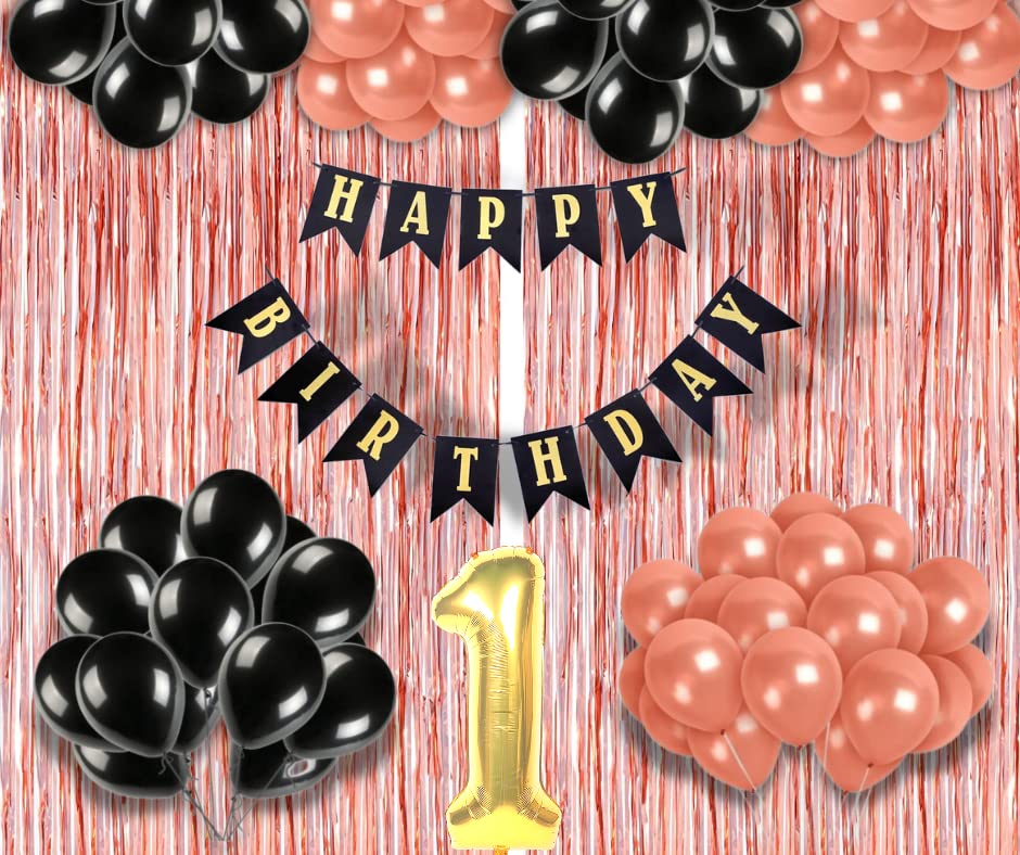 Image of 1st Birthday Decoration items for Girls with Black and Rose Gold Balloons, Black Happy Birthday Banner, Rose Gold Foil Curtain, Foil Balloon number 1