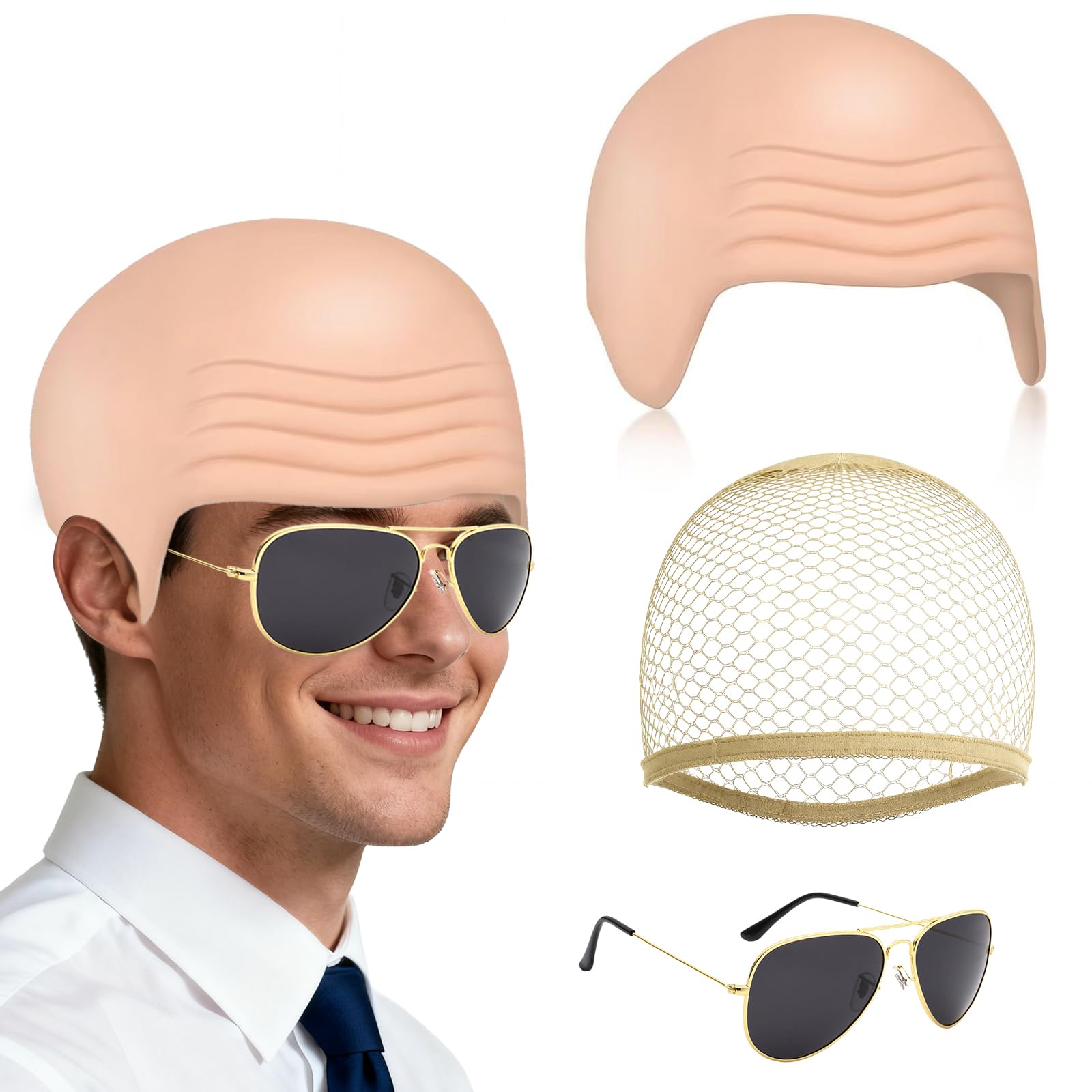 NVGVUP Latex Bald Cap and Hairnet: Fancy Dress Thick Skin Head Caps with Hairnet Black Sunglasses, Fancy Dress Halloween Cosplay Hat Costume Accessory for Adults