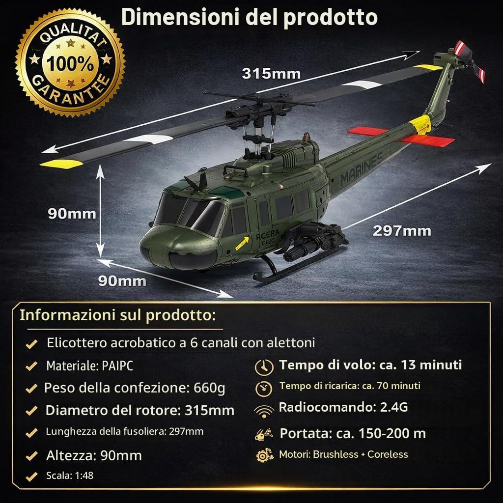 C032 Elicottero RC per Adulti, UH-1 Huey 6CH Militare Scala Elicottero RC acrobatico senza alettoni con Volare a testa in giù 3D Rotolamento e sistema di posizionamento intelligente(Yellow)