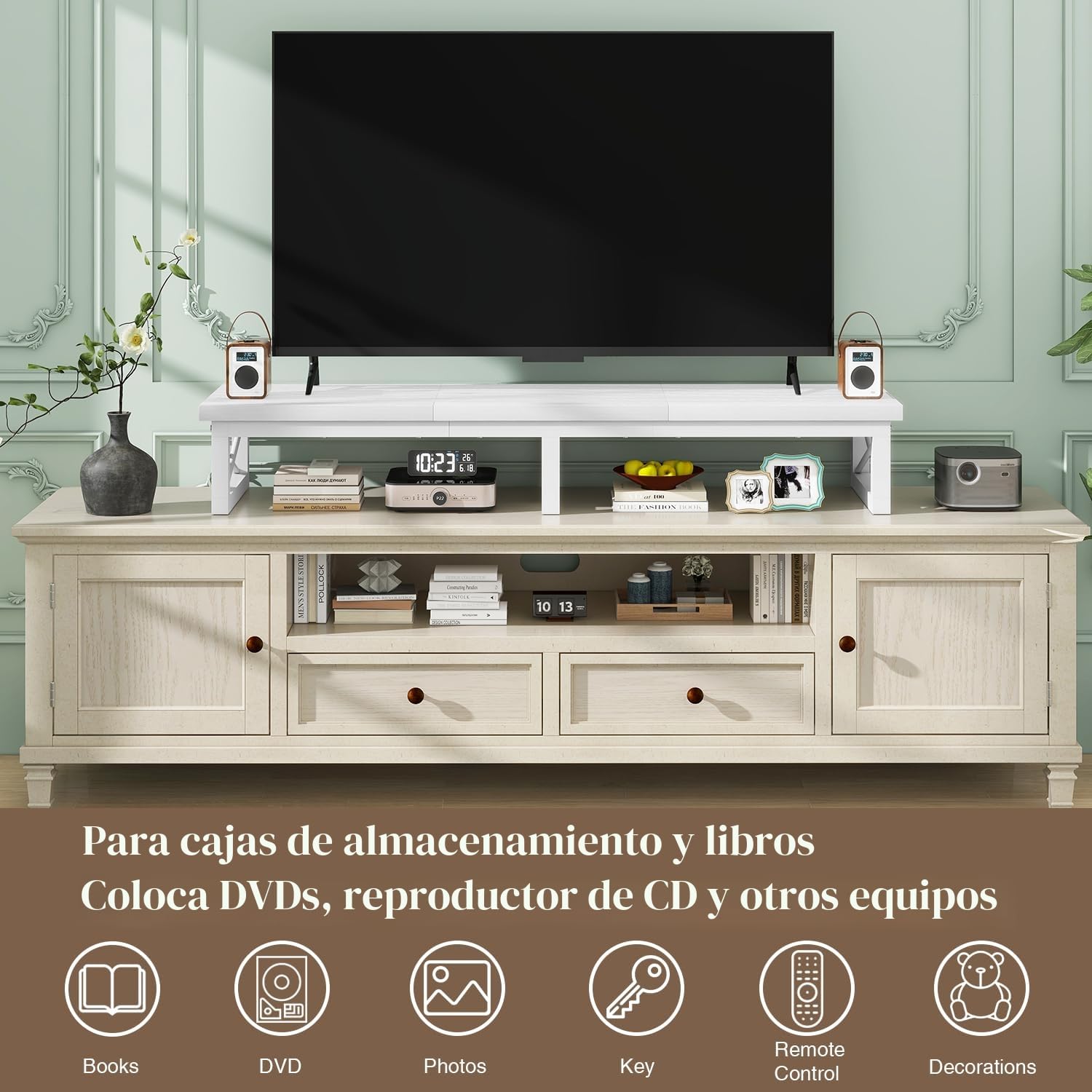 IBUYKE 32-60" Mueble TV,Mesa Televisión Estrecha con 2 balda,Doble Pantalla de Escritorio de Oficina,Mueble de TV para Hogar,Dormitorio,Sala de Estar,Blanco TVT002W
