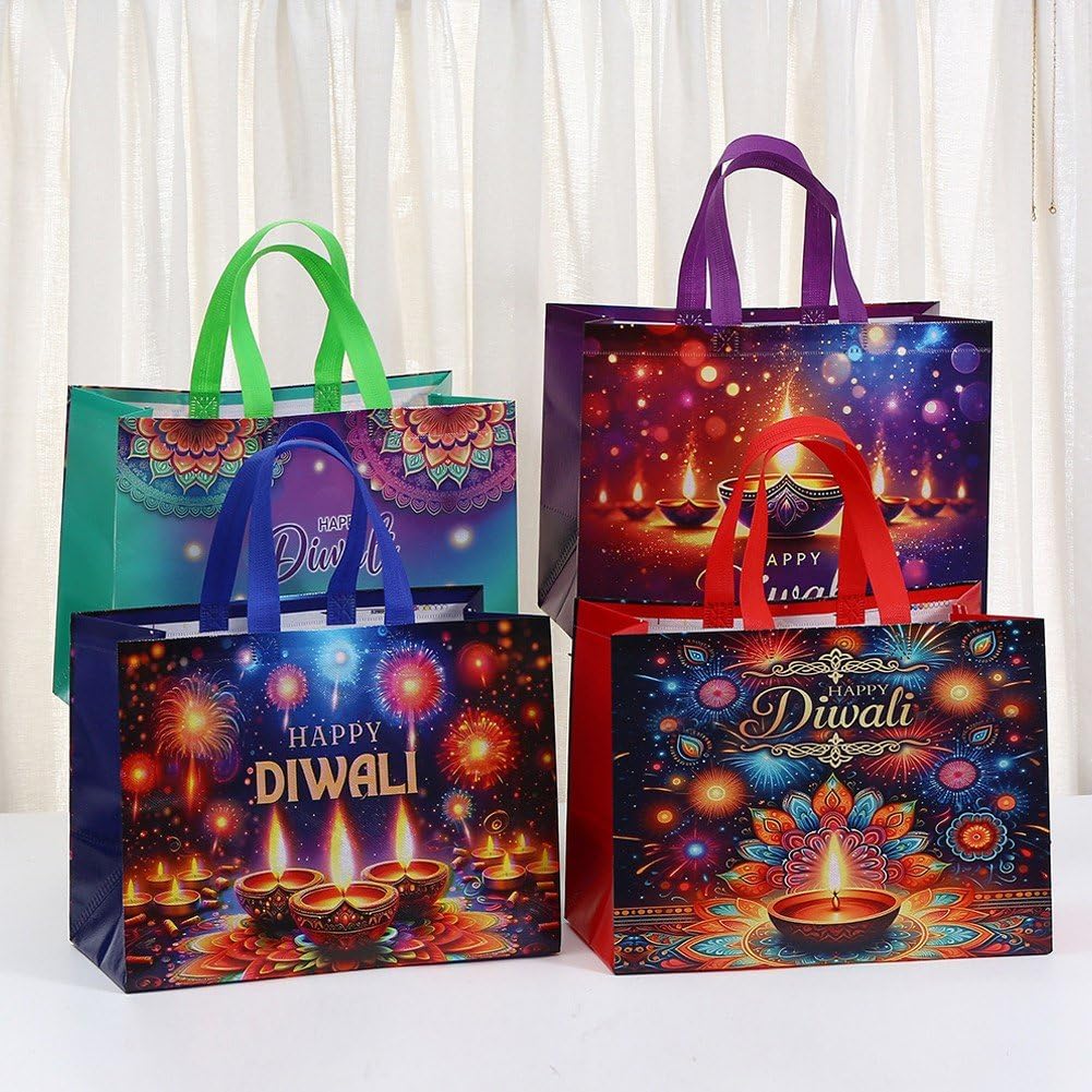 12 torebek na prezenty Happy Diwali, z włókniny, z kolorowymi nadrukami fajerwerków, wielokrotnego użytku, z uchwytem