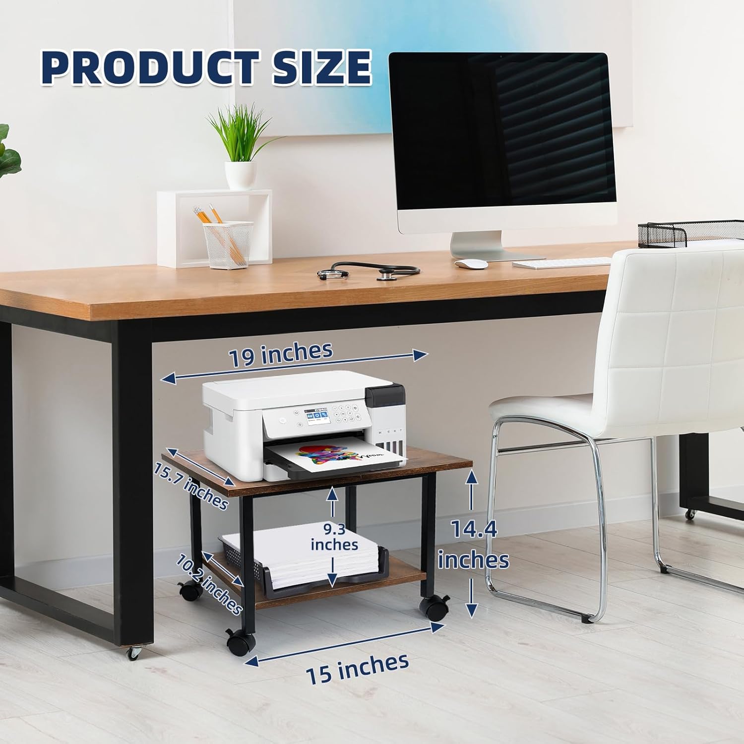 Printer Stand with Storage Shelf, Small Printer Stand for Desk Office Home, Under Desk Printer Table with Rolling Wheels, Heavy Duty Mobile Machine Cart with Shelf, Rustic Brown