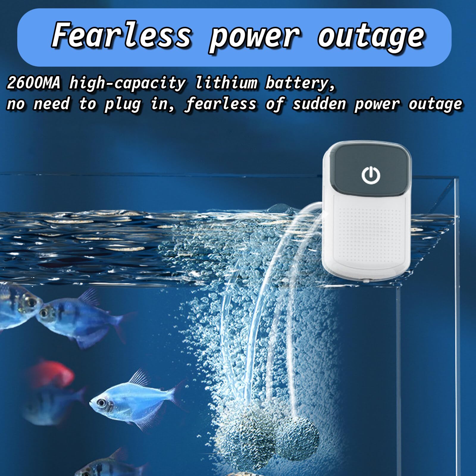 Aquariumluchtpomp, USB-oplaadbaar, zuurstofpomp, 1,5 W, 3 l/min, ultra stil, regelbare krachtige beluchtingspomp met accessoires voor vissen in de open lucht, aquaria, stroomuitval