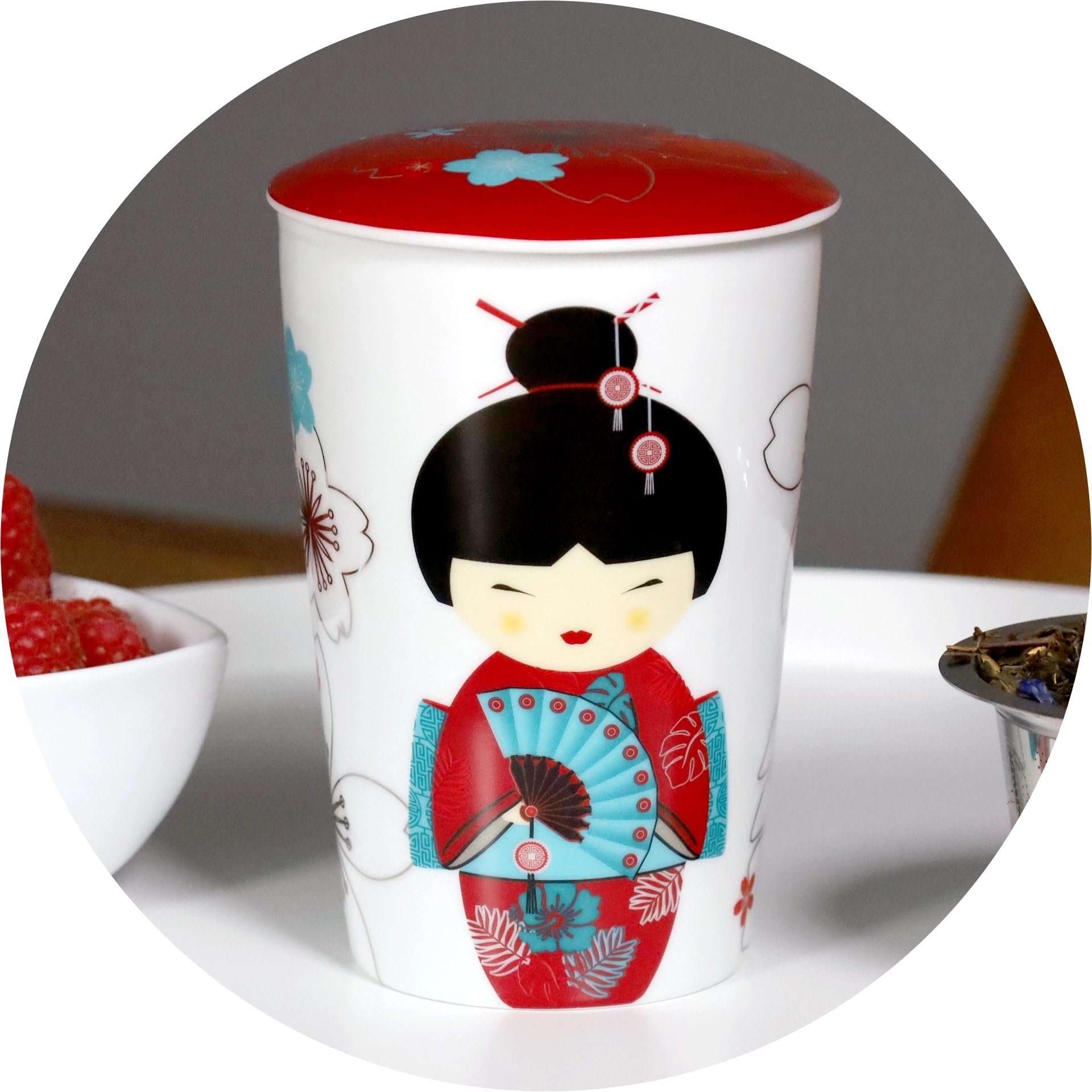 Teaeve ® tasse à thé avec passoire et couvercle, "red" little geisha, f