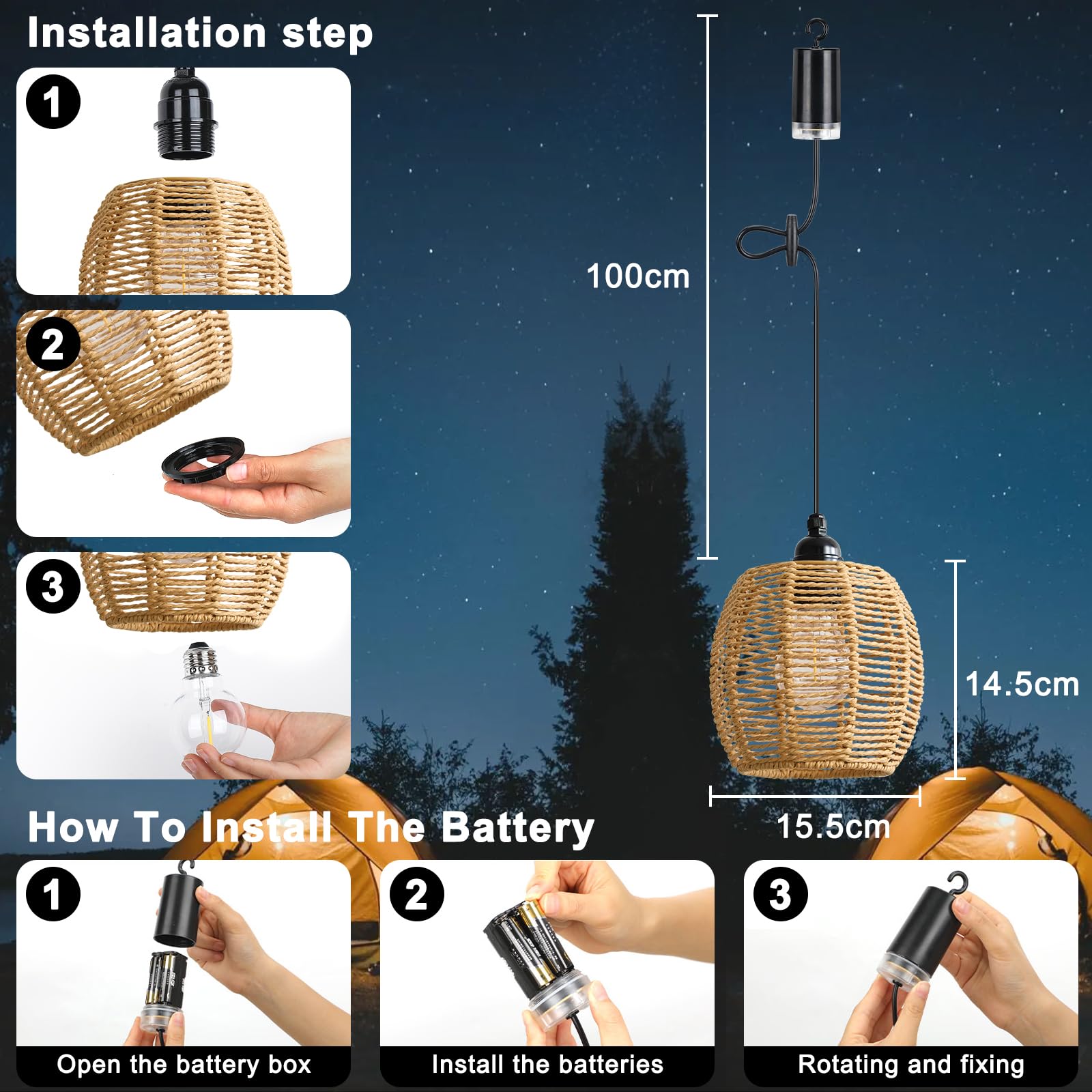 2 Lámparas Colgantes con Batería, Lámpara Exterior Techo Ratan IP65, Lampara Colgante Pilas con Mando y Bombilla Dimmable, Lámpara Colgante sin Cables para Terraza Jardín Salón Comedor