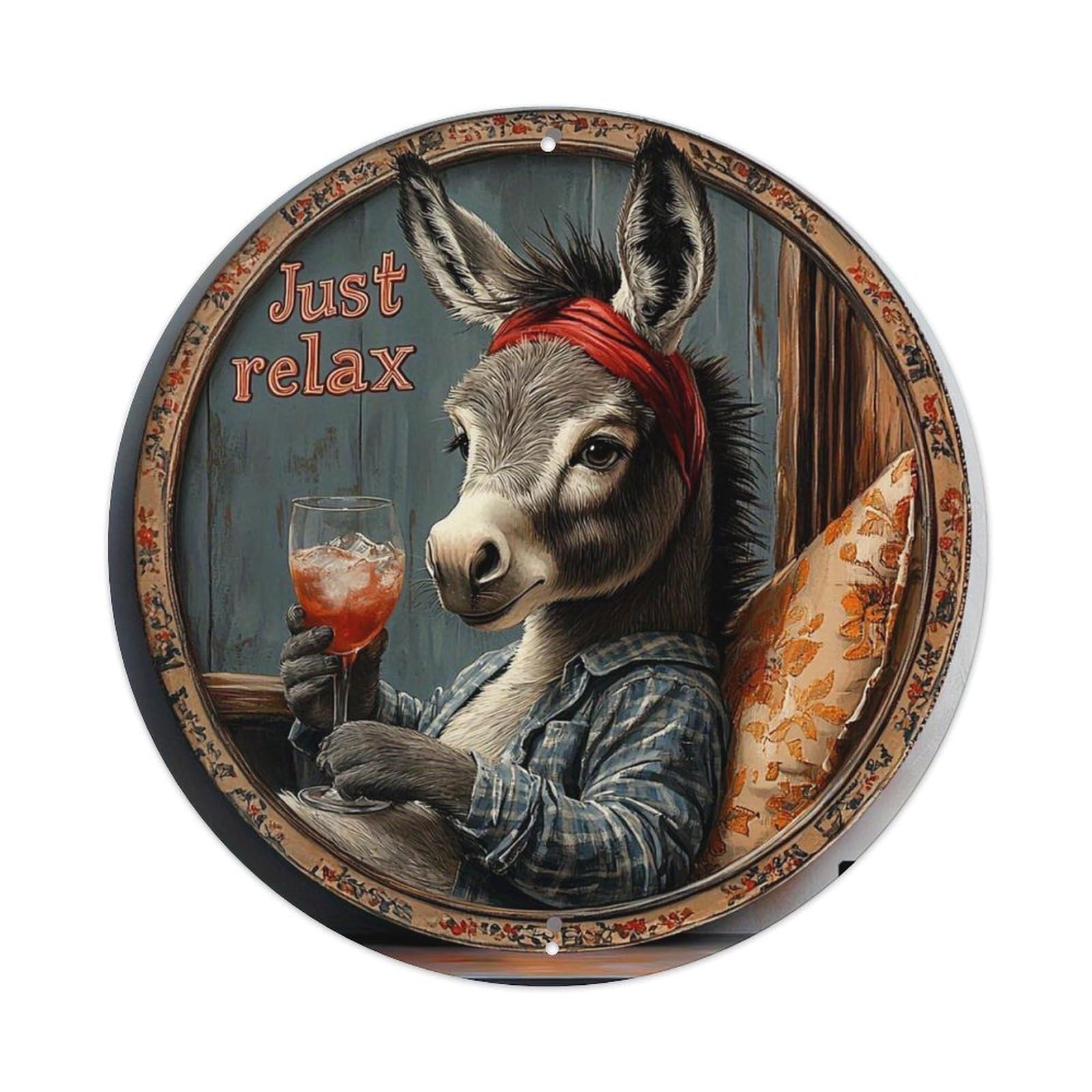 Donkey Holding Cocktail Glass Round Metal Tin Sign Vintage Wall Decor, Bar Garage Cafe Kitchen Home Wall Art Poster 8x8inches
