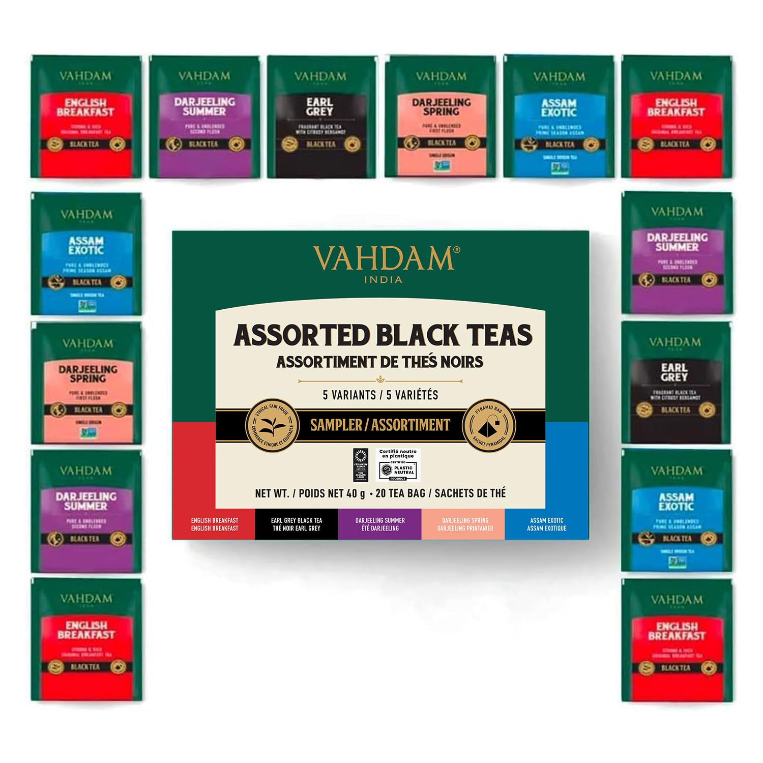 VAHDAM, Assorted Black Tea Bags Sampler (5 Flavors, 20 Ecofriendly Pyramid Tea bags) I Valentines Day Gifts for Him & Her | Assam and Darjeeling Teas | Gluten Free & Non GMO