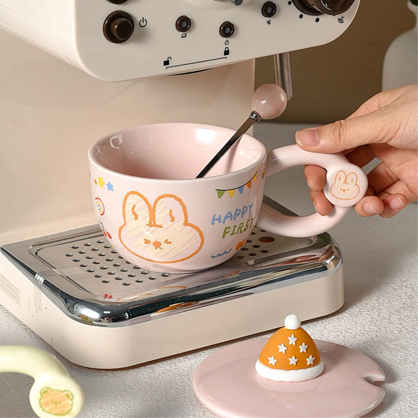 Taza de desayuno de cerámica de 400 ml a 382.7 g con tapa y cuchara que puede calentar la taza de avena, color rosa, 400 ml