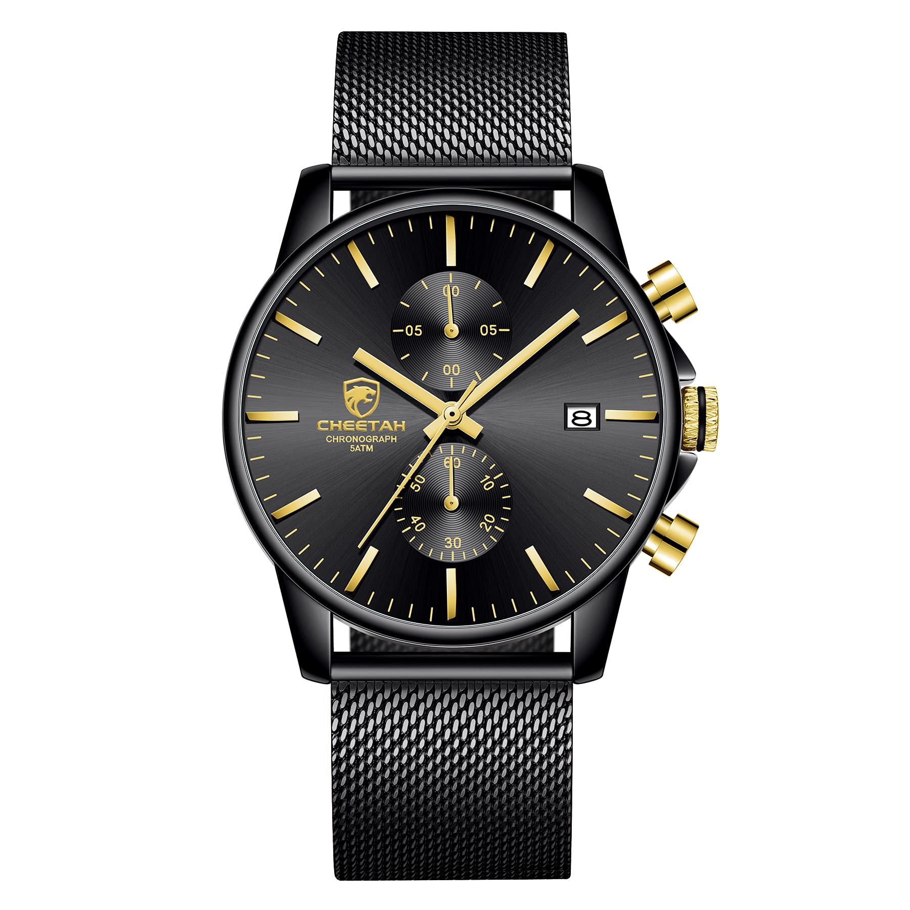 Horloge voor heren, modieus, strak, minimalistisch, kwarts, analoog, mesh, roestvrij staal, waterdicht, chronograaf, horloge, 2-tone Zwart/Goud