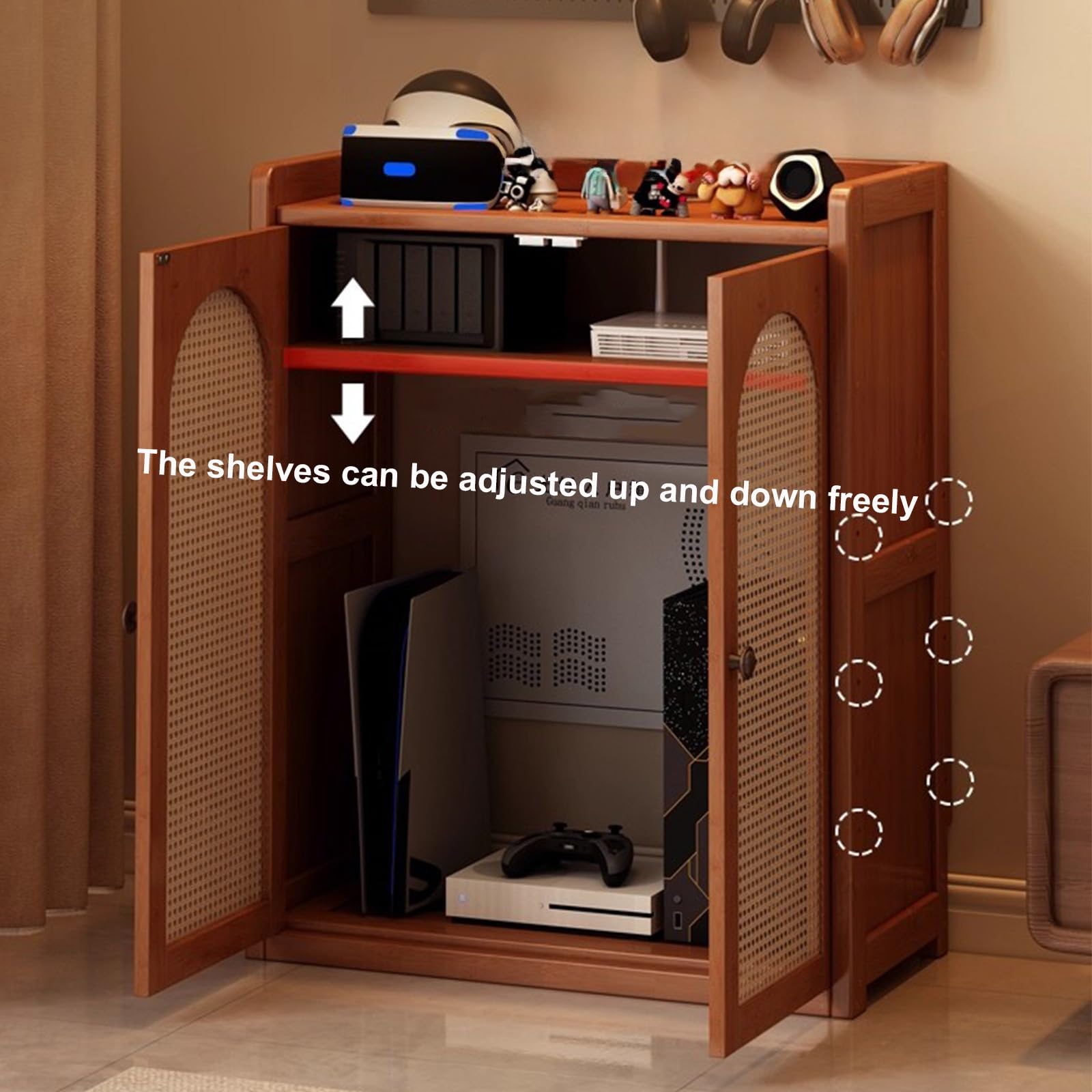 Mobiletto portaoggetti in rattan WiFi, in bambù, con ripiani regolabili, ideale per l'organizzazione di casa e ufficio, facile accesso a router e dispositivi
