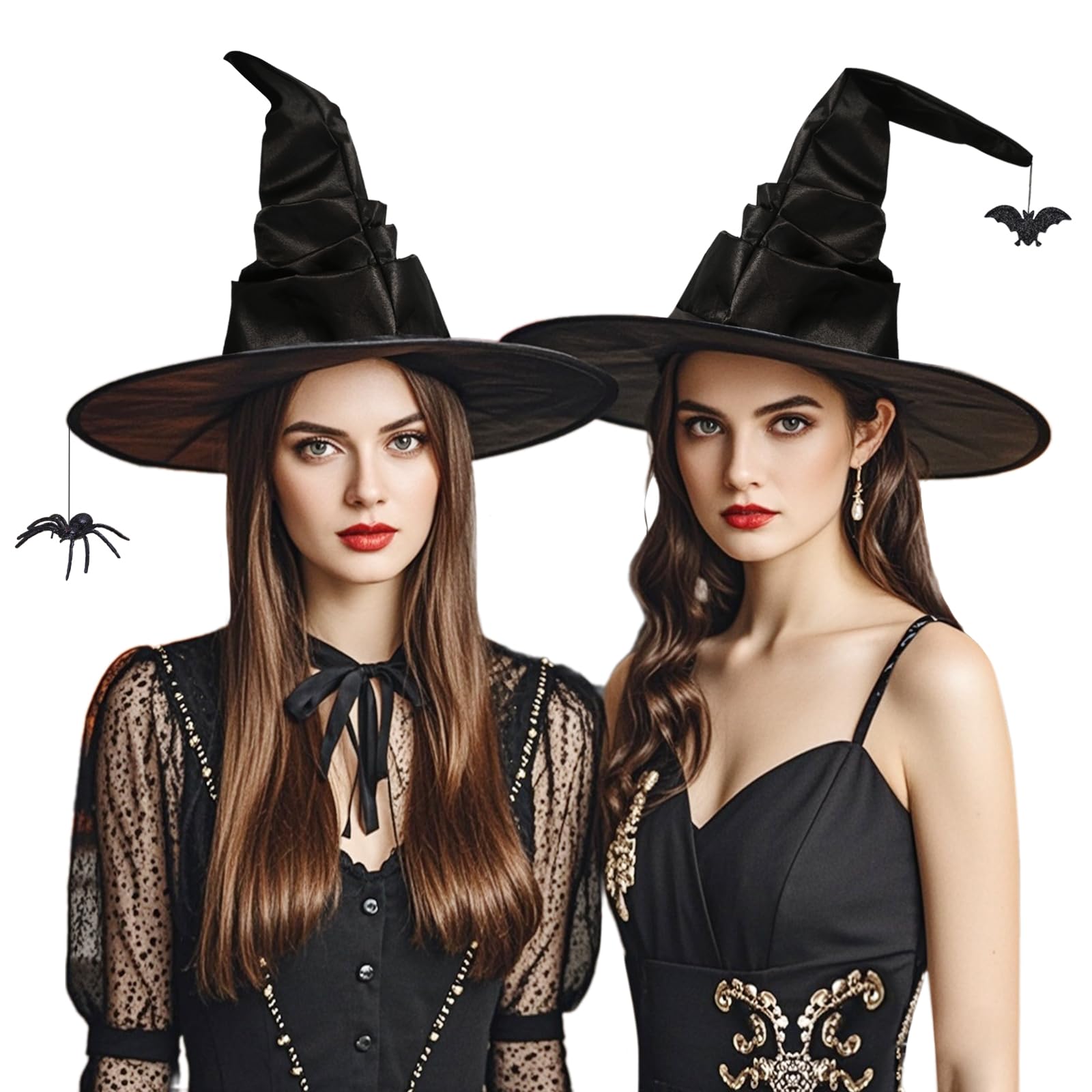 YAUOIPI 2 Pack Witch Hats Women, Black Halloween Witch Hat, Adult Wizard Hat Unisex Wide Brim Pointed Cap with Spider Bat Pendant for Halloween Dress Up Costume Party Cosplay Carnival (Black)