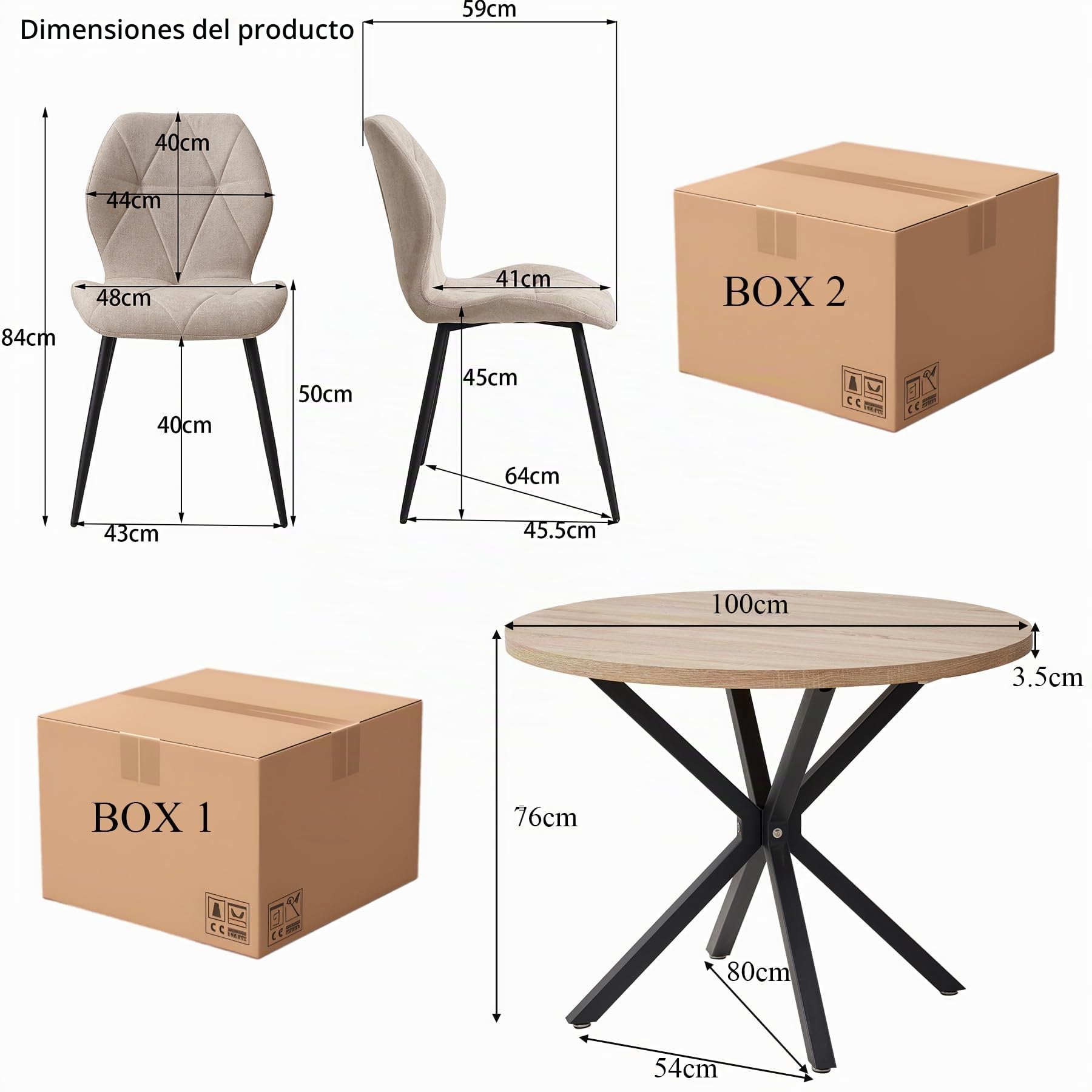 Juego de Mesa y Sillas de Comedor, Mesa de Comedor Redonda con 4 Sillas Tapizadas (Tela de Lino), Ideal para Cocina, Sala, Comedor (Natural_Caqui)