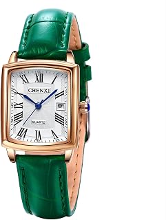 Vintage Square Leather Watch for Women Ladies Quartz Watch Roman Numerals Dial Calender Black Green Strap Watch