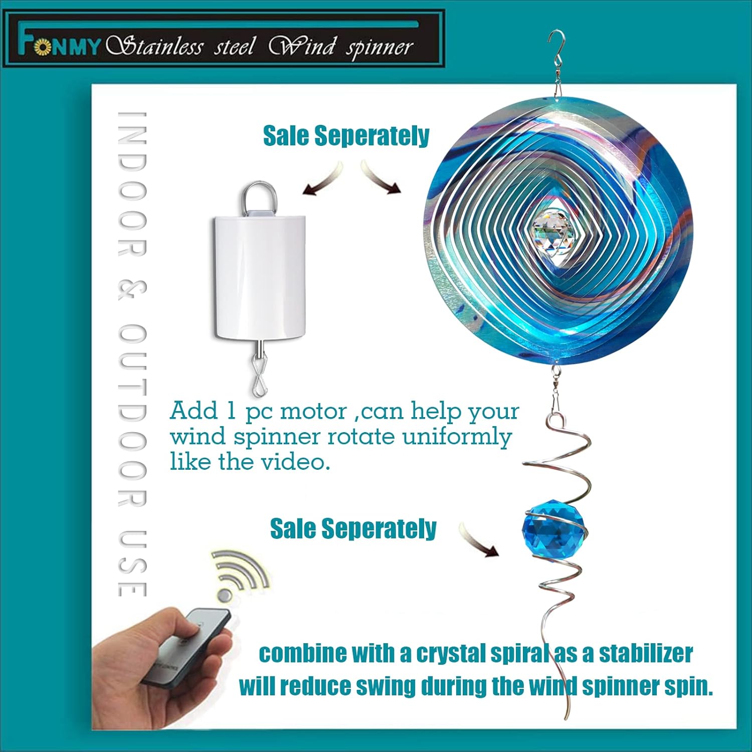 FONMY Mandala Wind Spinner w/Crystal Ball 3D Stainless Steel Hanging Wind Spinner Worth Gift Christmas Decoration Indoor/Outdoor Garden Décor Kinetic Yard Art 12 Inches Multi Blue Wind Sculpture - Image 7