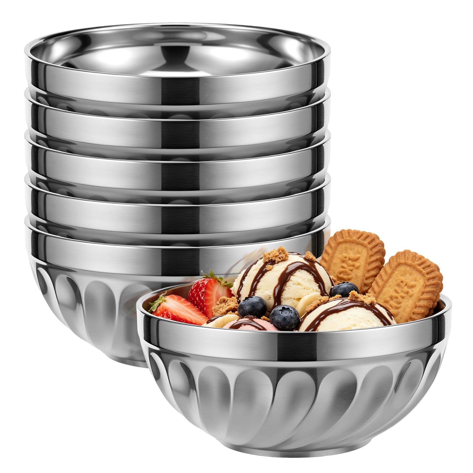 Kuanght 6 Pcs Stainless Steel Bowls, Double Walled Metal Soup Bowl, Reusable Salad Bowls for Refrigerator, Air Fryer and Oven, Multipurpose Dinner Bowl for Rice, Noodle, Fruit and Cereal(700ML)