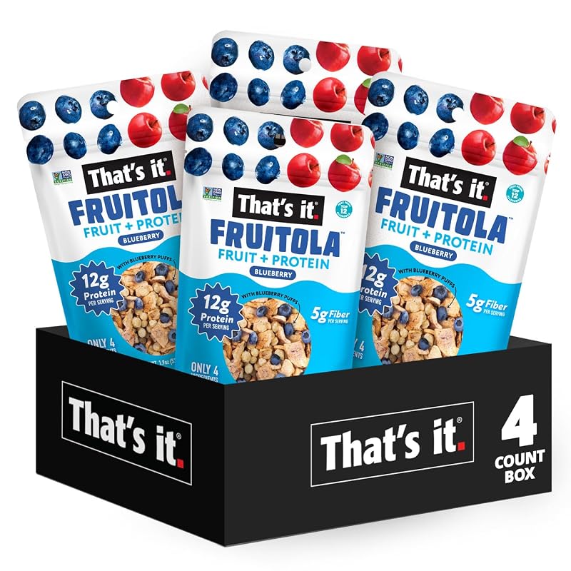 That’s it. Fruitola Fruit Granola – Blueberry, 12g Plant-Based Protein, 5g Fiber from Fruit, 100% Real Fruits, Only 4 Ingredients, Zero Added Sugar, Gluten-Free, Non-GMO, 1.9 oz (4-Pack)