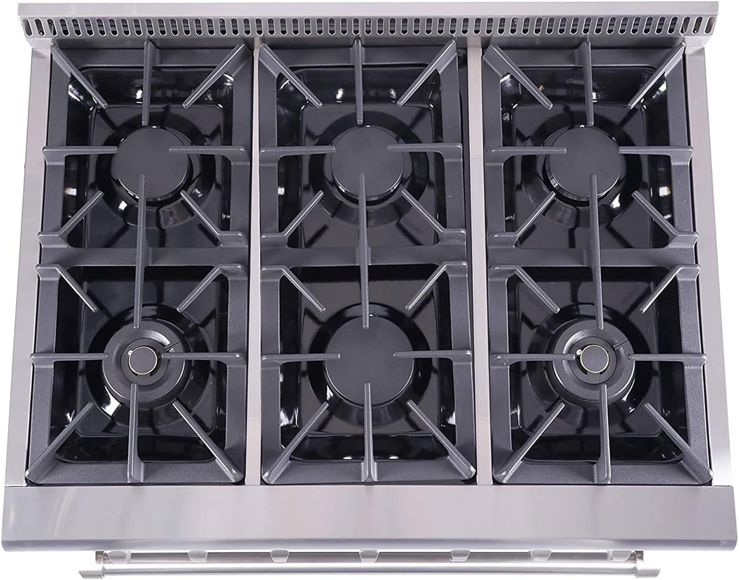 Top-down view of the THOR Kitchen HRG3616U gas range cooktop with six burners and cast-iron grates