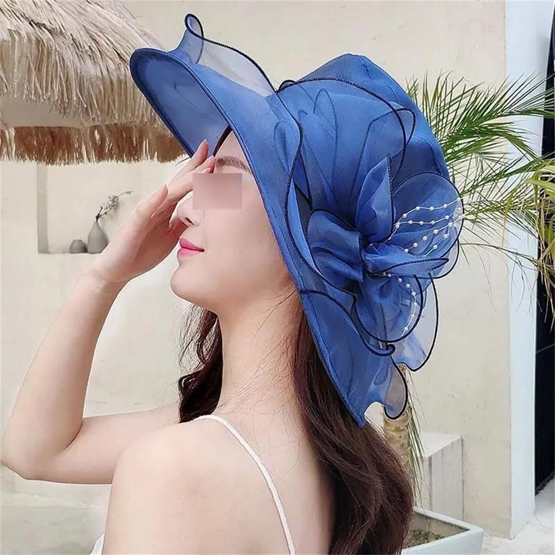 Sombrero de ala ancha para mujer, para verano, al aire libre, vacaciones, playa, casual, moda, elegante, flor de organza, iglesia