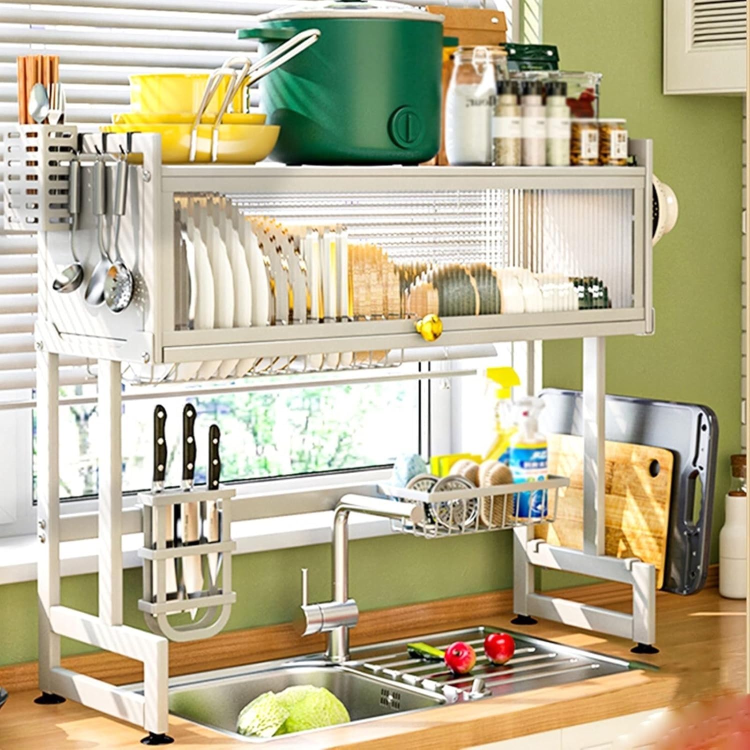 Scolapiatti,scolapiatti sopra Il lavandino,scolapiatti Grande in Metallo a 2 Ripiani con Coperchio Ribaltabile per Piatti,Ciotole,Posate,Organizer bancone della Cucina(Bianco,41,3