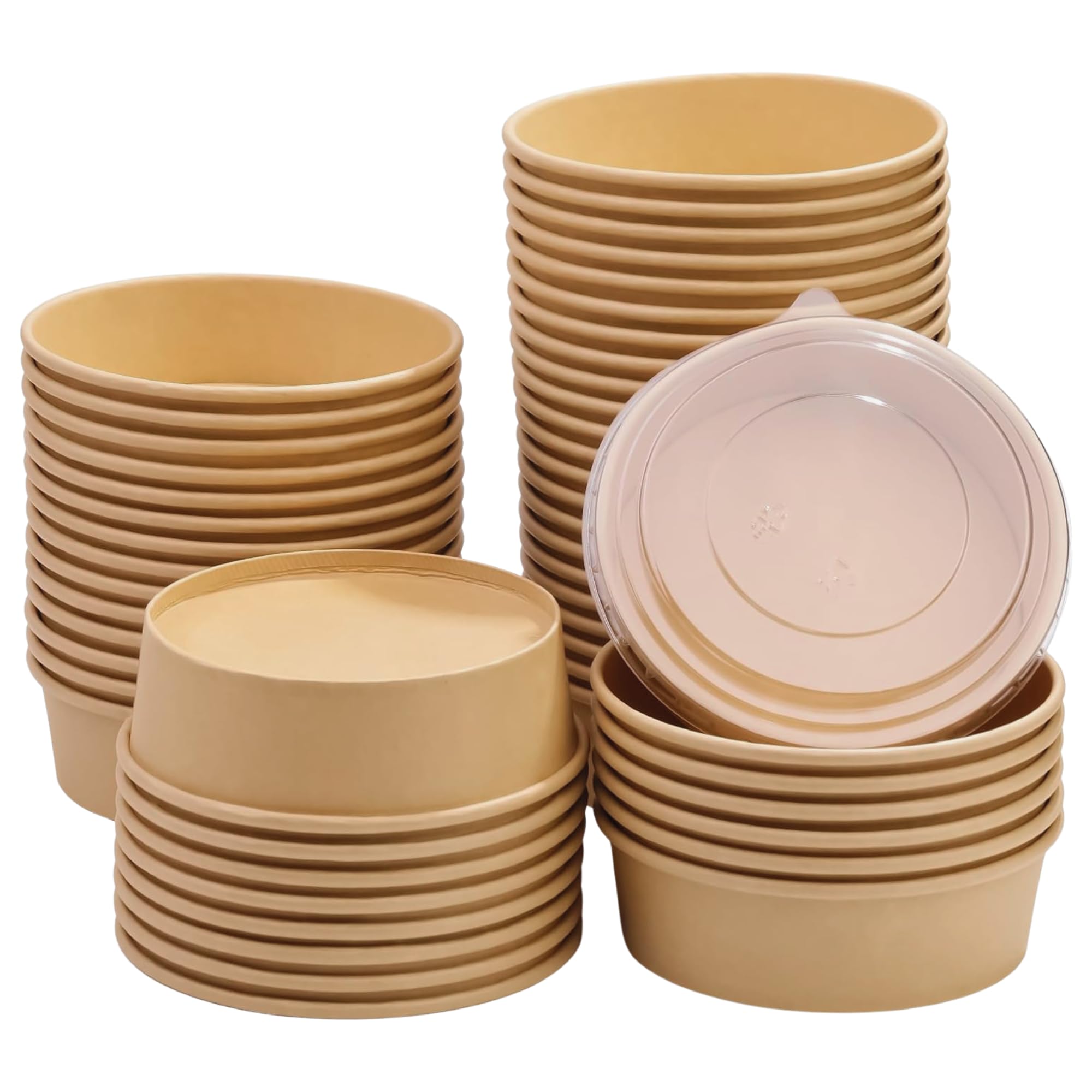 CaterCo Disposable Kraft Salad Containers with Lids (500ml - 50 Sets) - Food Bowl for Hot/Cold Use for Takeaway, Round Leakproof Kraft Paper Container, Microwavable, Eco-Friendly (500ml - 50 Sets)