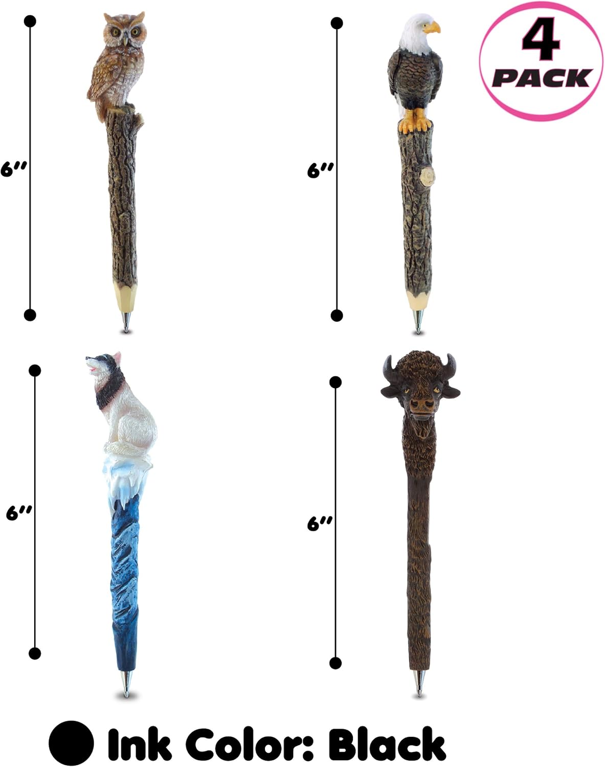 Bundle of Owl, Eagle, Wolf, Bison Novelty Pens - Fun & Unique Office Supplies Ballpoint Pens Colorful Wild Life Animals Writing Pens Instrument For Cool School & Office Decor - 4 Pack