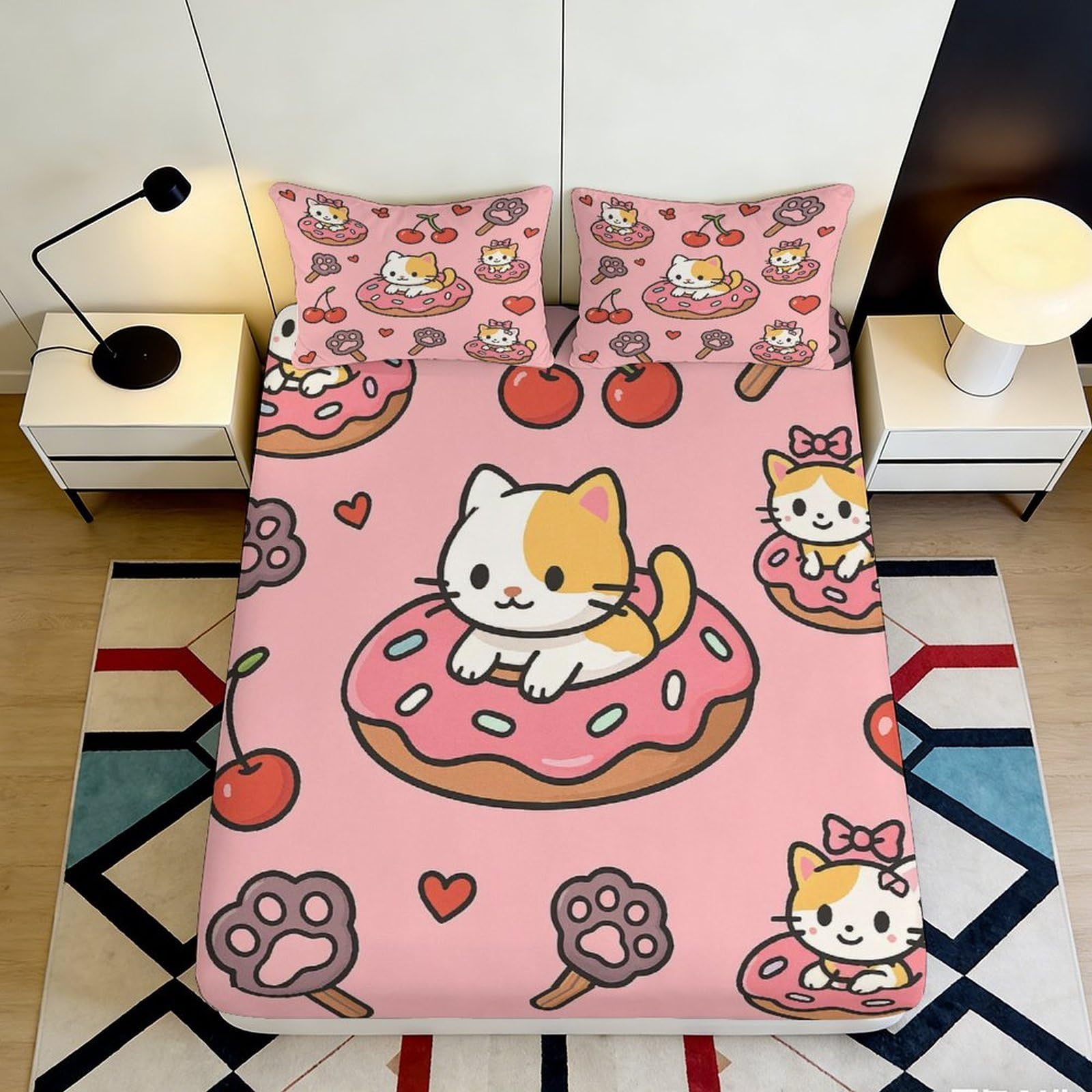 3D Printed Cute Cat Donut Fitted Sheet Microfiber Pink Cartoon Bed Cover for Bedroom Guest Room Dorm Mattress Protection Decor 160x200x25cm